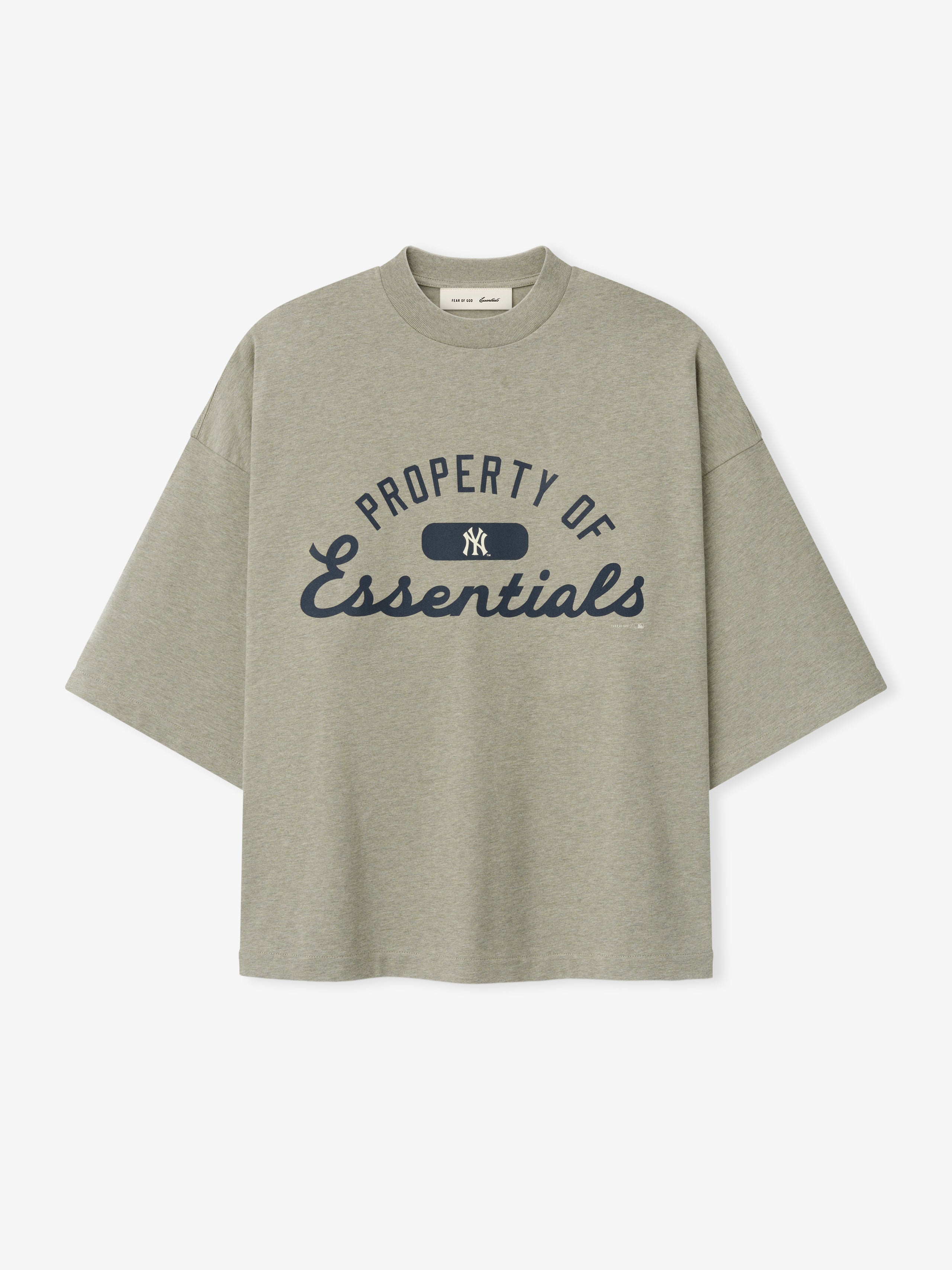 Gray t-shirt with 'Property of Essentials' text on a white background