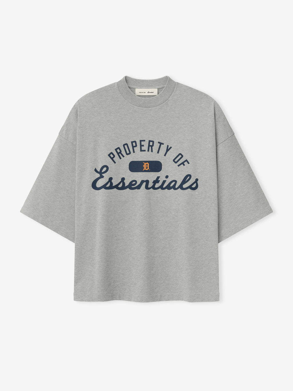 Gray t-shirt with 'Property of Essentials' text on a white background