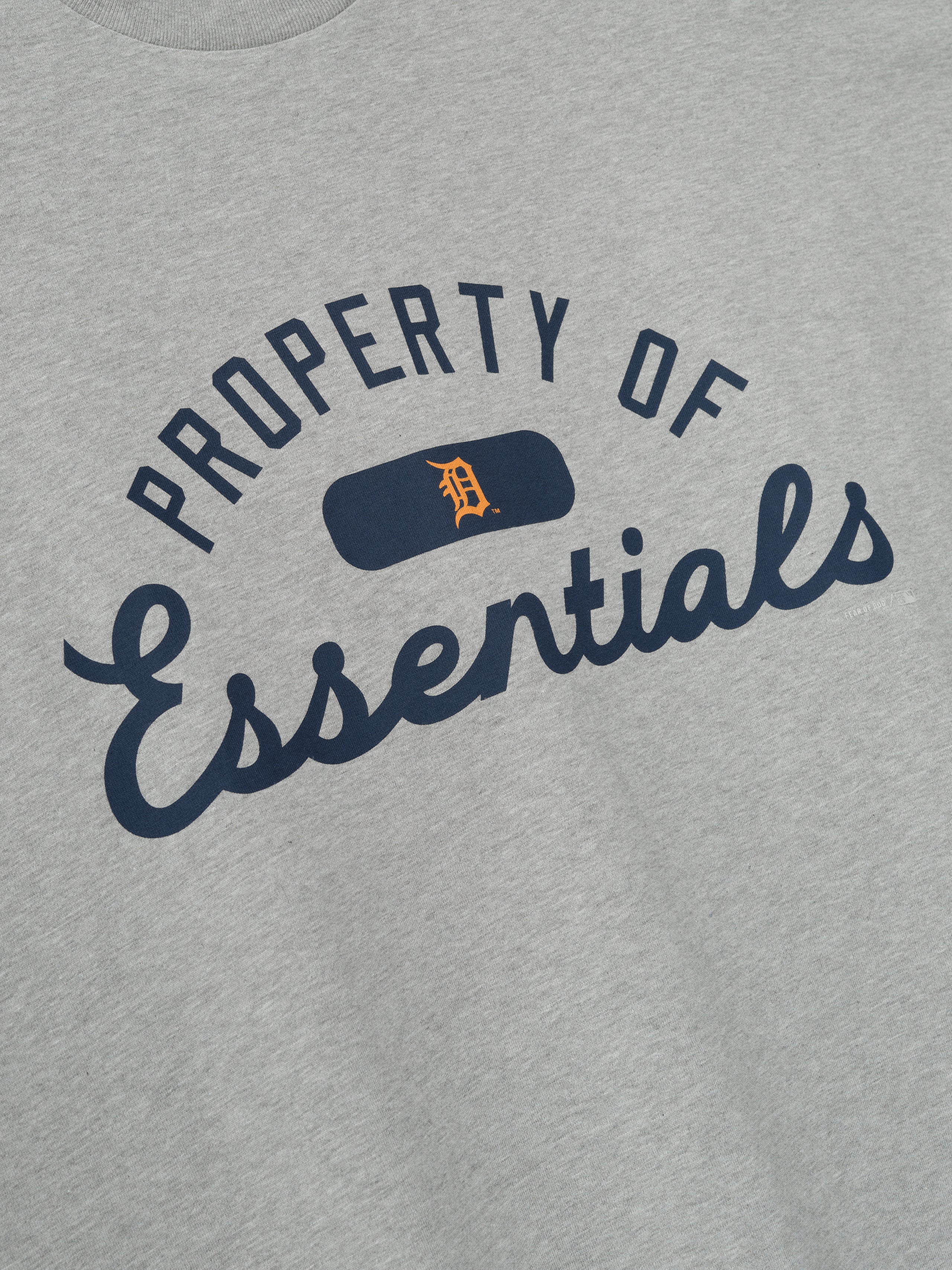 Gray t-shirt with 'Property of Essentials' text and logo on a gray background