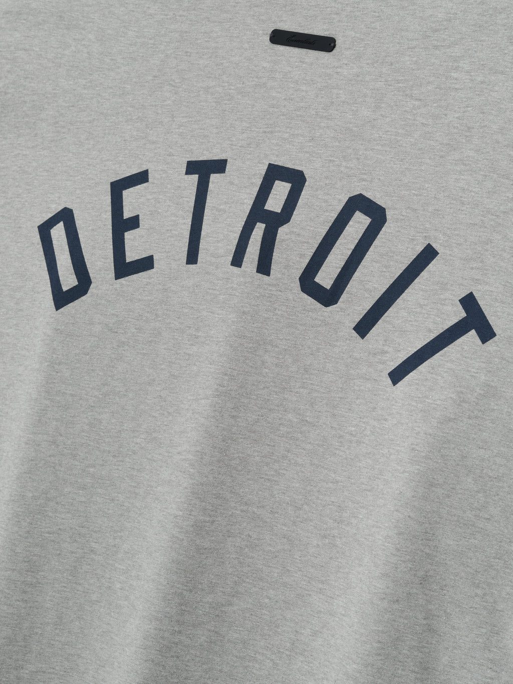 Gray sweatshirt with 'DETROIT' printed in navy blue on the back of a grey shirt.