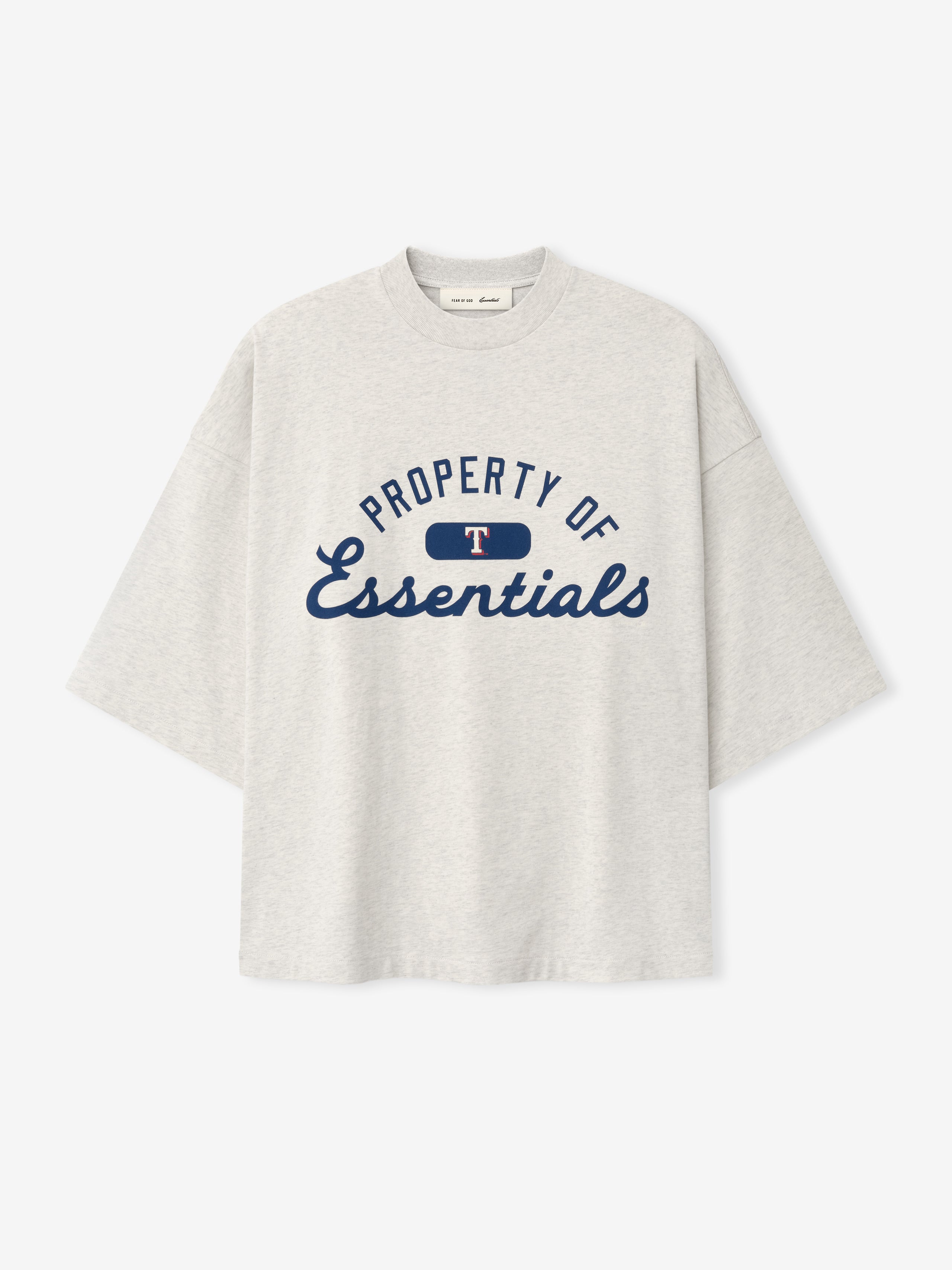 Rangers Merch Tee in a soft oatmeal heather fabric, featuring a navy "Property of Essentials" graphic with a small red and white logo detail on a casual short-sleeve top.