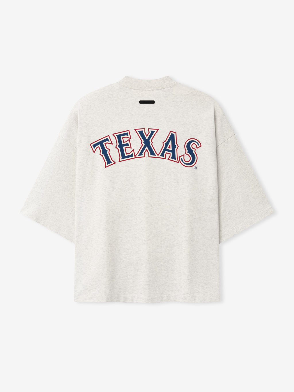 Rangers Merch Tee in a soft oatmeal heather fabric featuring bold navy and red "TEXAS" lettering on the back, designed as a casual, relaxed fit top.