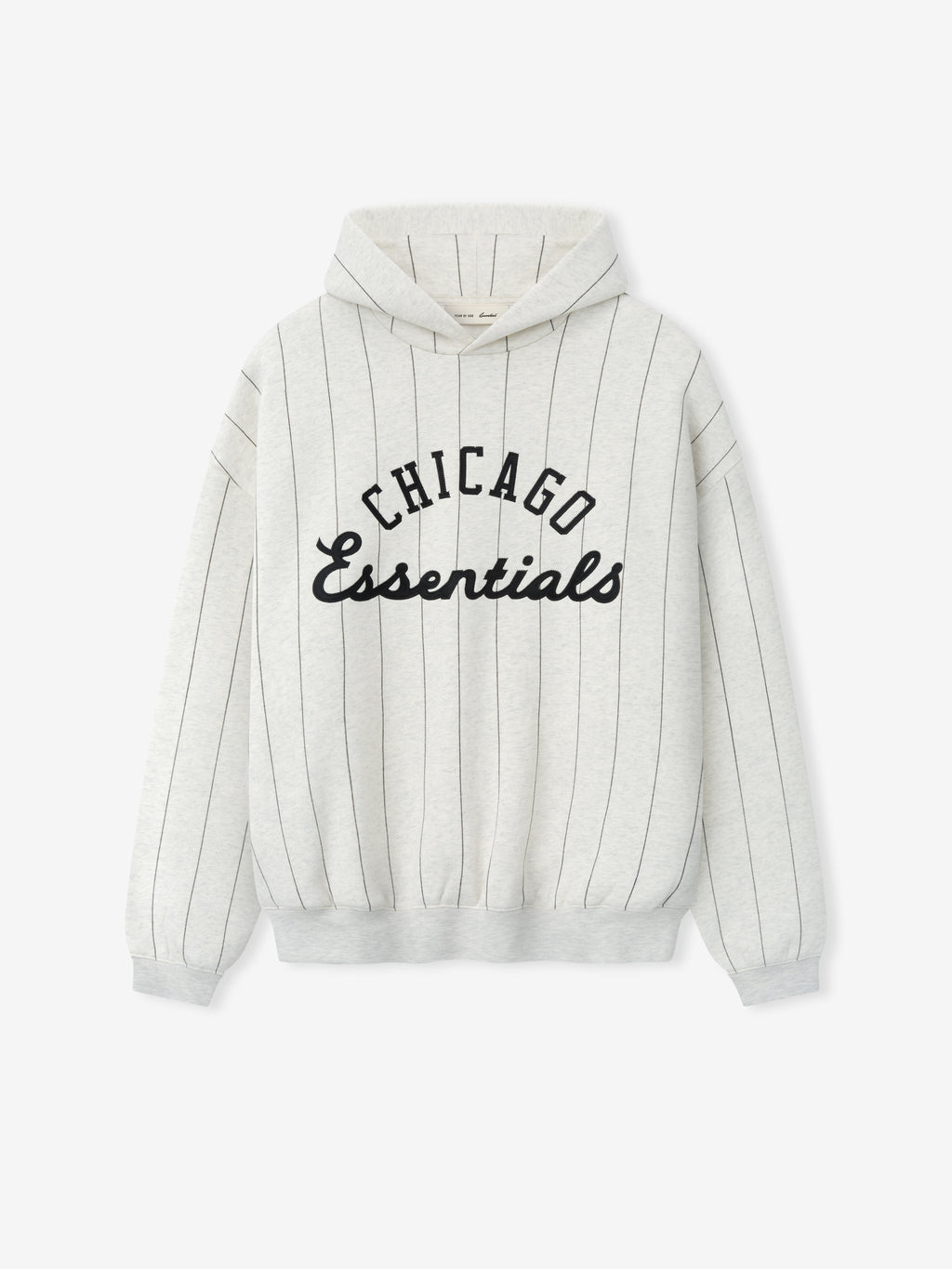 White Sox Sport Hoodie in oatmeal heather with thin black vertical pinstripes and bold black "Chicago Essentials" text embroidered across the chest, designed as casual outerwear.