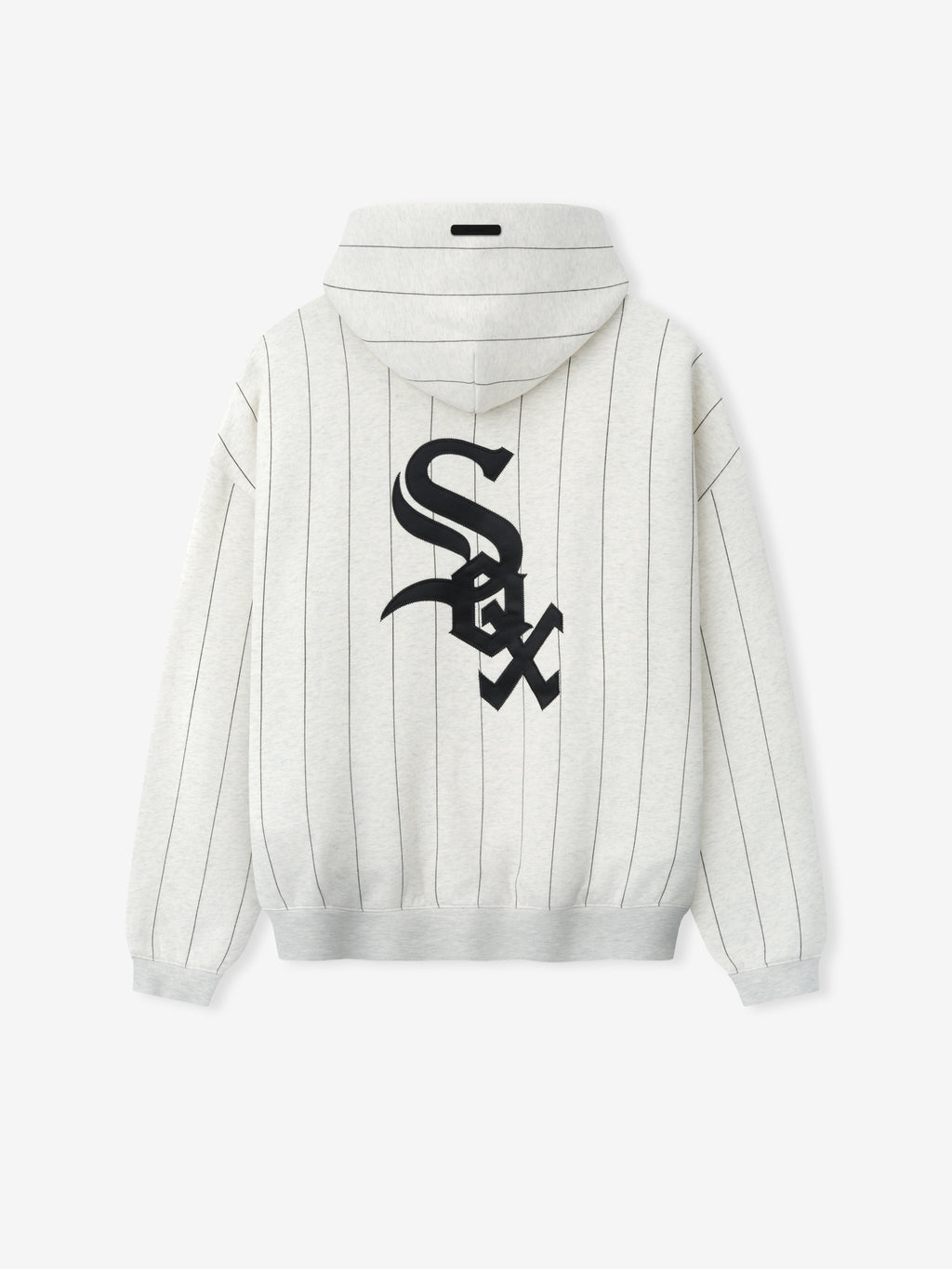 White Sox Sport Hoodie in oatmeal heather with thin black vertical pinstripes and a large black stylized team logo centered on the back, featuring a hood and ribbed cuffs.