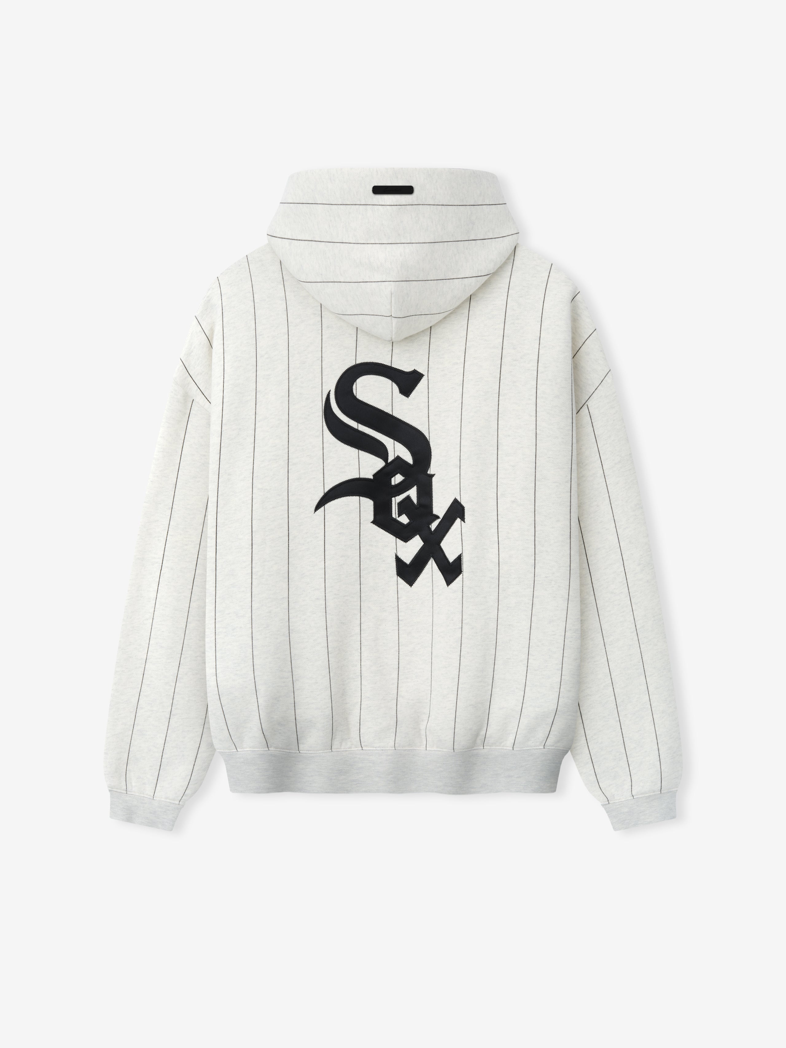 White Sox Sport Hoodie in oatmeal heather with thin black vertical pinstripes and a large black stylized team logo centered on the back, featuring a hood and ribbed cuffs.