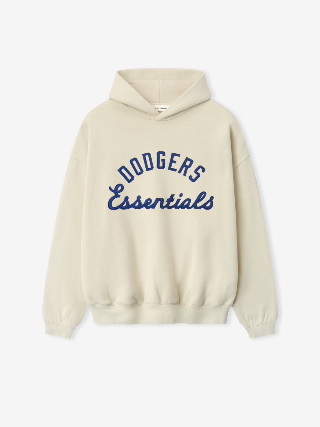 Dodgers Sport Hoodie in a soft oat color featuring navy blue "Dodgers Essentials" printed text on the front with a relaxed fit and ribbed cuffs and hem.