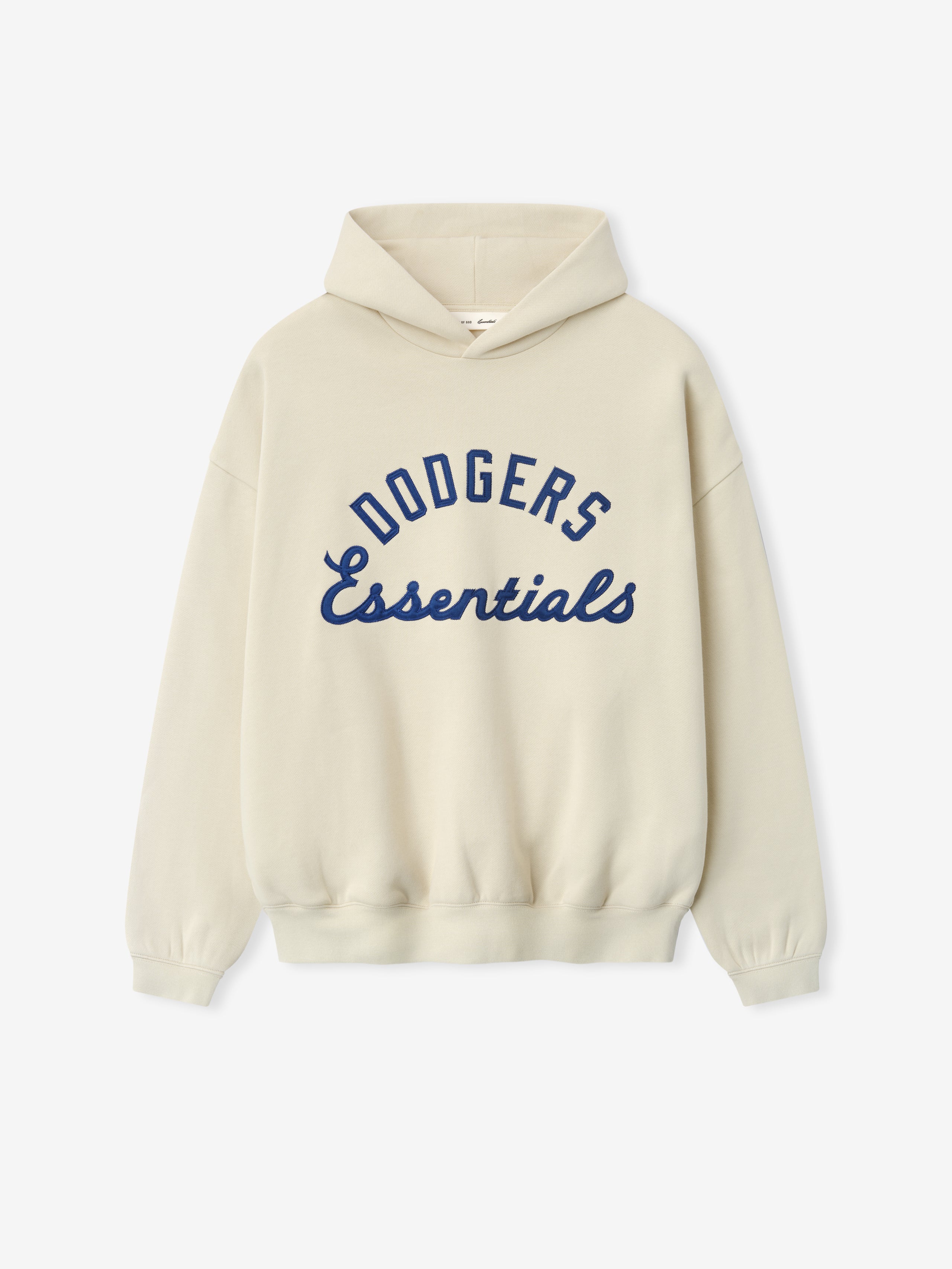 Dodgers Sport Hoodie in a soft oat color featuring navy blue "Dodgers Essentials" printed text on the front with a relaxed fit and ribbed cuffs and hem.