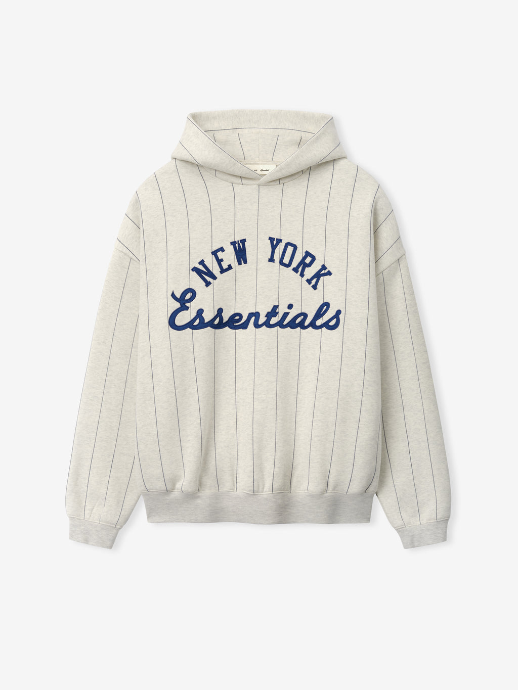 Mets Sport Hoodie in oatmeal heather with navy blue pinstripes and "New York Essentials" text embroidered on the front, featuring a hood and ribbed cuffs for a comfortable outerwear fit.