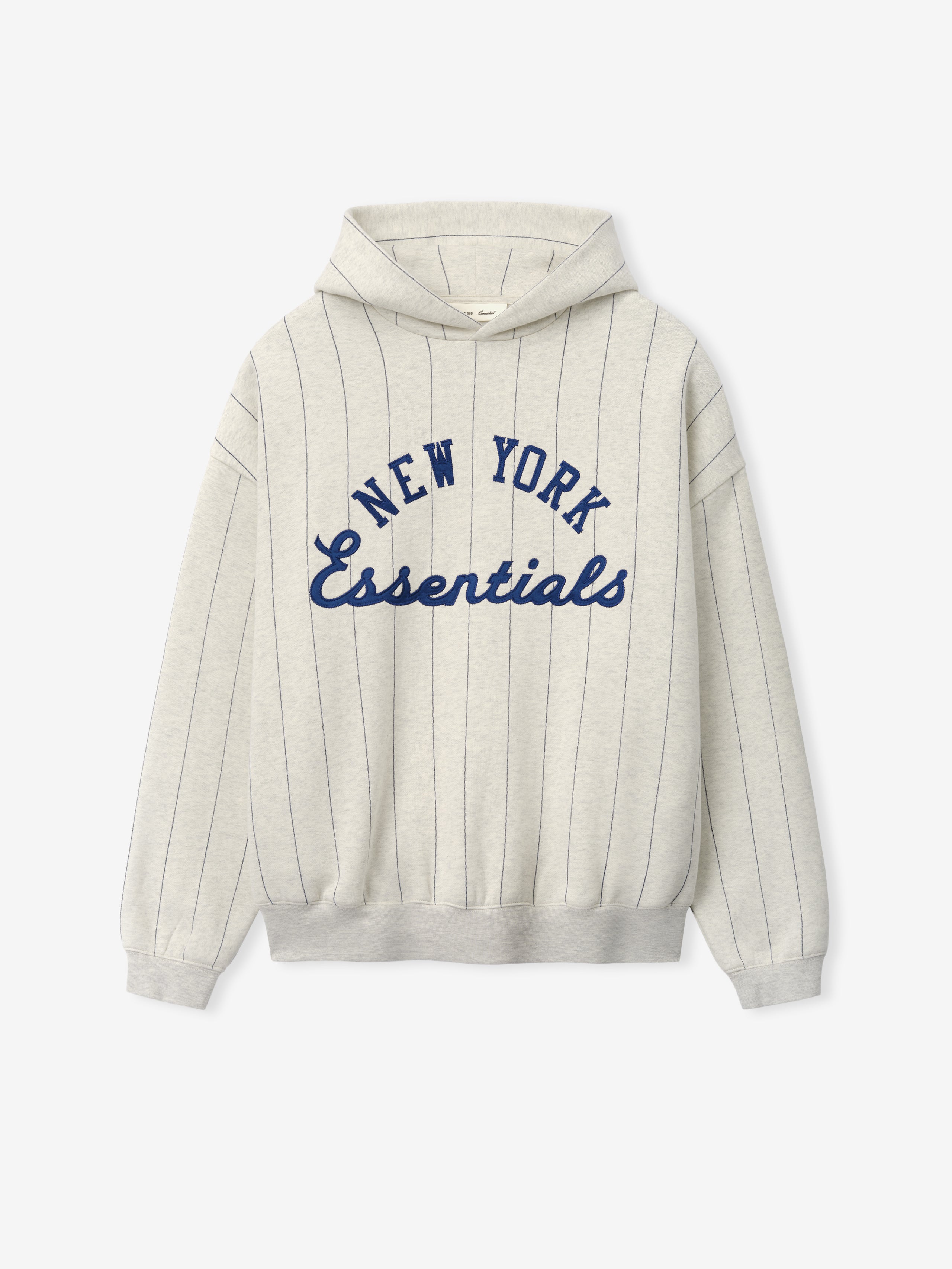 Mets Sport Hoodie in oatmeal heather with navy blue pinstripes and "New York Essentials" text embroidered on the front, featuring a hood and ribbed cuffs for a comfortable outerwear fit.