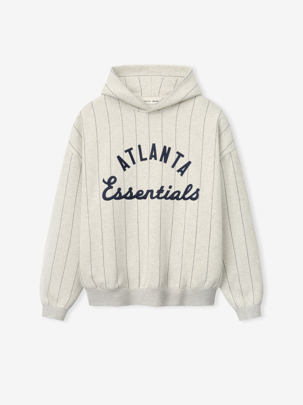 Braves Sport Hoodie in a light oatmeal heather shade featuring thin dark sapphire pinstripes and navy blue "Atlanta Essentials" text in a mix of block and script styles on soft outerwear fabric.
