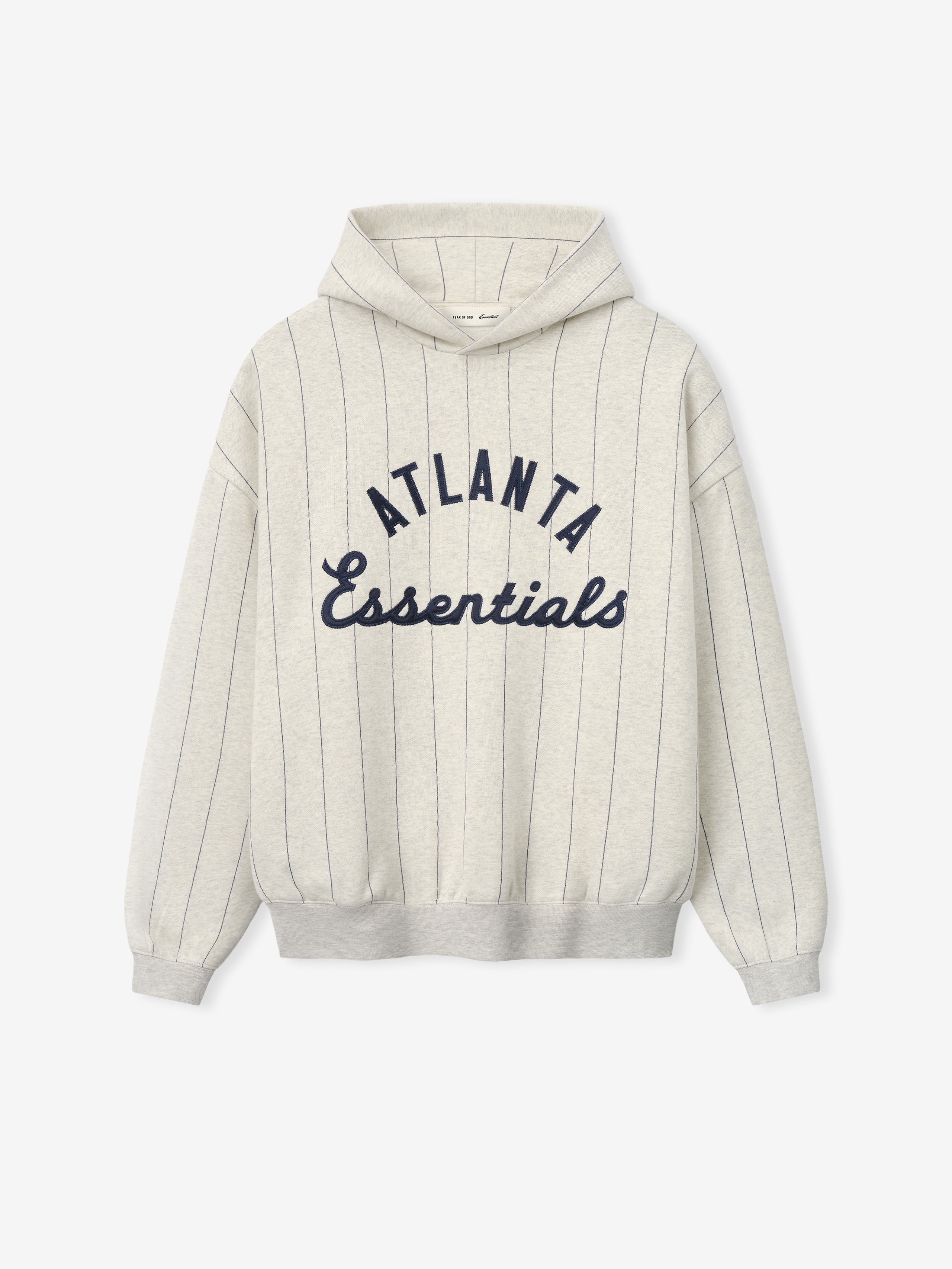 Braves Sport Hoodie in a light oatmeal heather shade featuring thin dark sapphire pinstripes and navy blue "Atlanta Essentials" text in a mix of block and script styles on soft outerwear fabric.