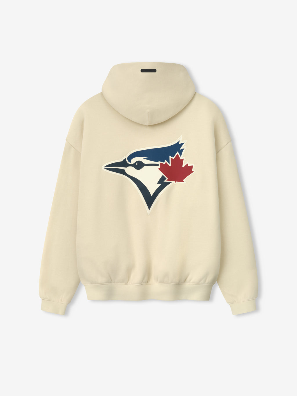 Blue Jays Sport Hoodie in a soft oatmeal tone, designed with a prominent navy and white Blue Jays logo accented by a red maple leaf on cozy outerwear fabric.