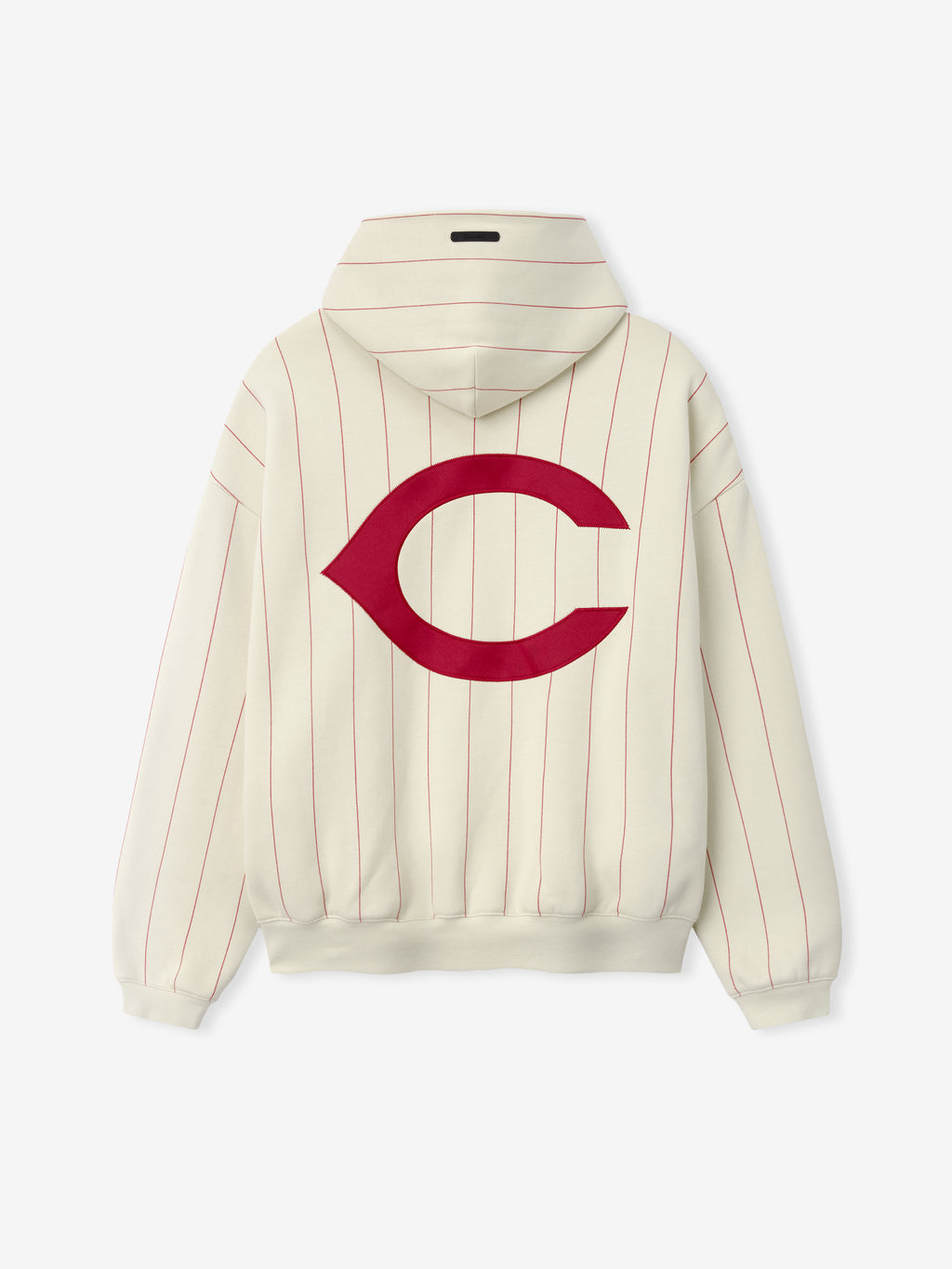 Reds Sport Hoodie in a creamy beige tone featuring fine red pinstripes and a bold red Cincinnati-inspired emblem on the back, designed as a comfortable outerwear top.