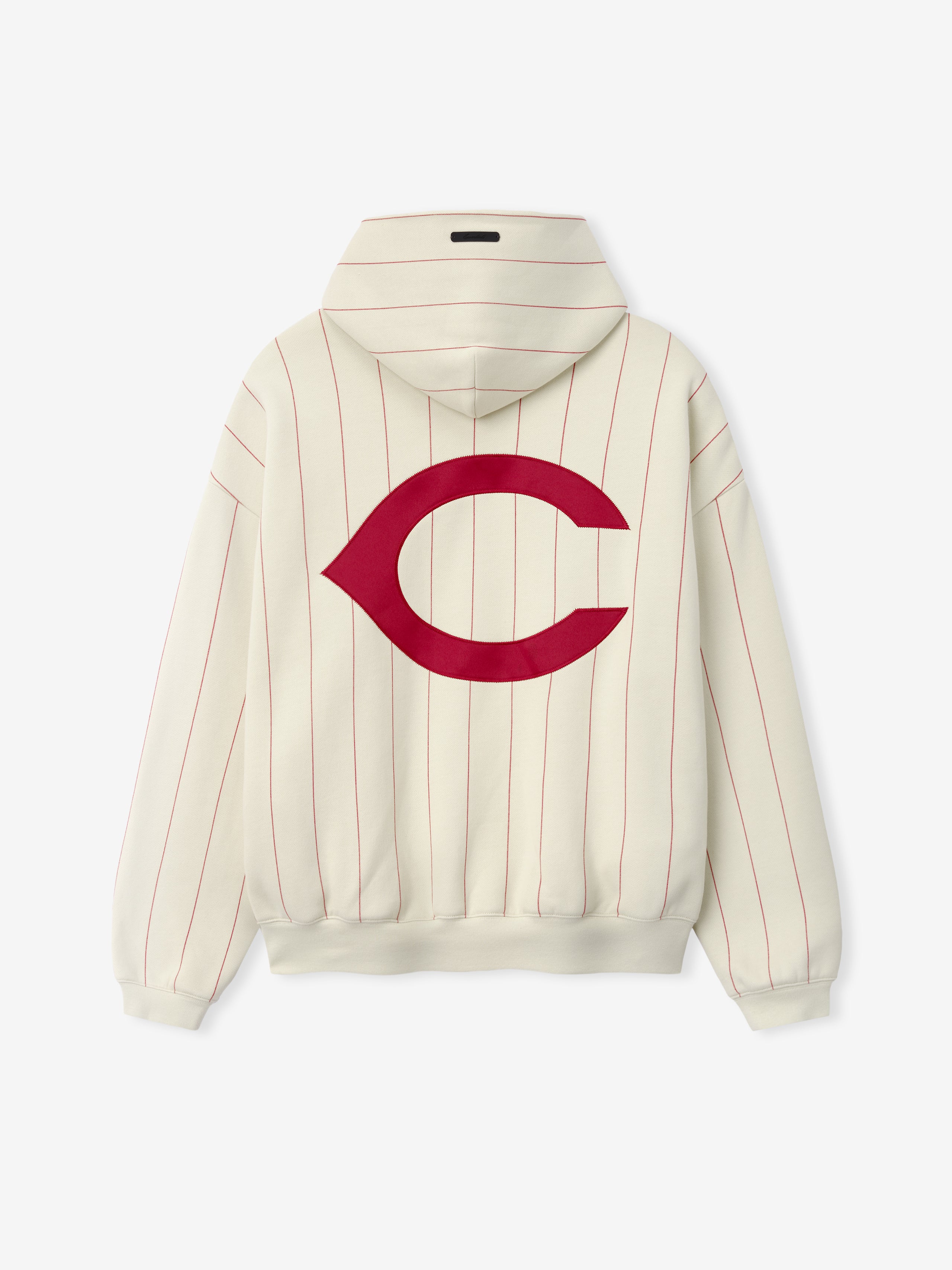 Reds Sport Hoodie in a creamy beige tone featuring fine red pinstripes and a bold red Cincinnati-inspired emblem on the back, designed as a comfortable outerwear top.