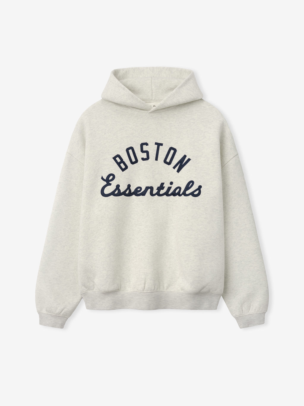 Red Sox Sport Hoodie in a light oatmeal heather fabric featuring navy blue "BOSTON Essentials" text across the front, designed as a casual and comfortable outerwear top.