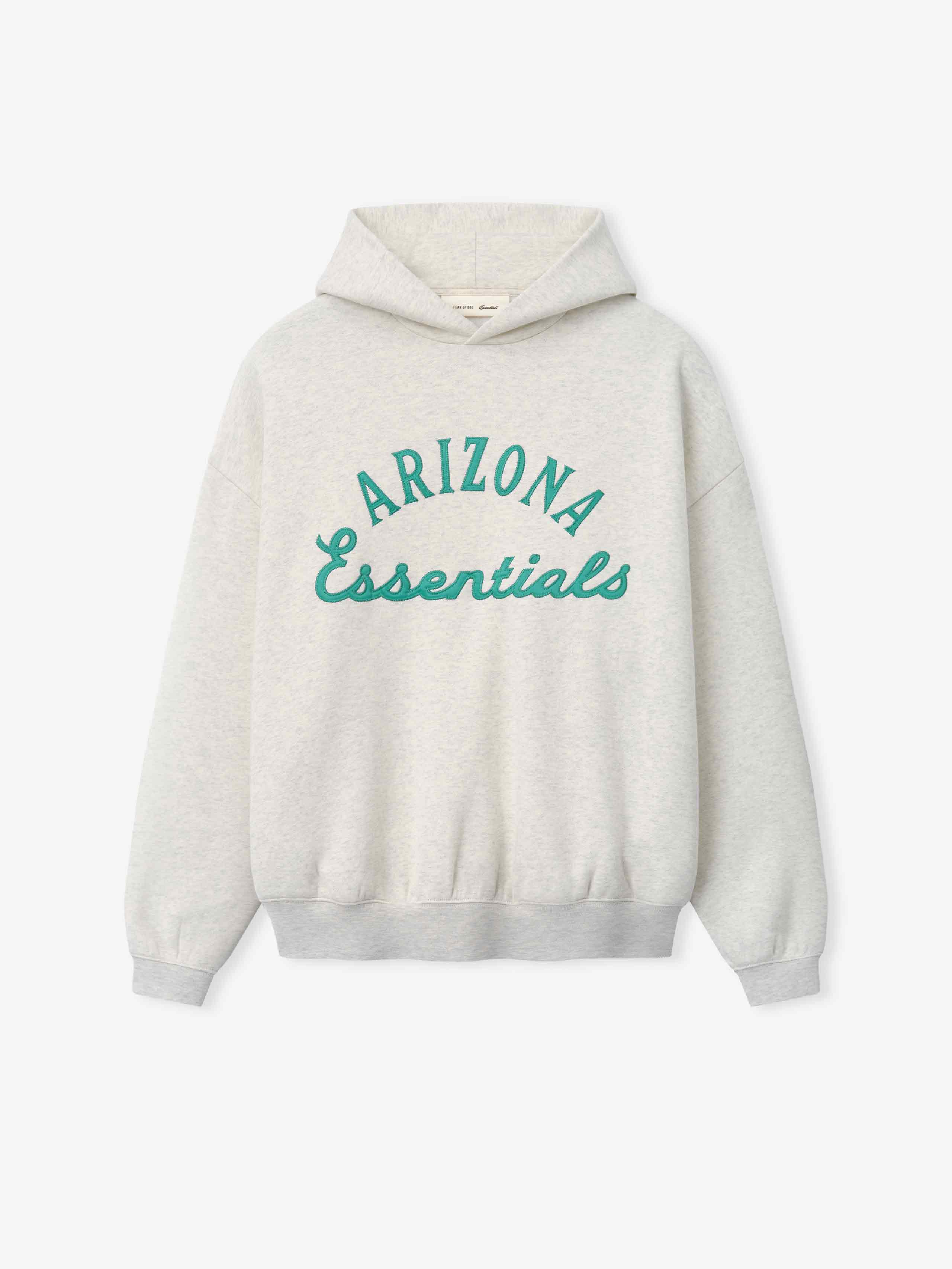 Diamondbacks Sport Hoodie in a light oatmeal heather shade featuring teal "Arizona Essentials" text on a soft hooded outerwear top with ribbed cuffs and hem.