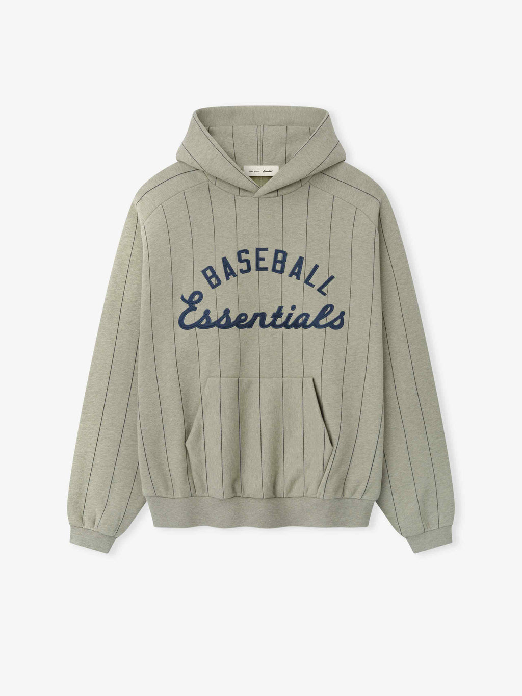 MLB Raglan Sport Hoodie in a muted gray heather tone with thin vertical pinstripes, featuring navy "Baseball Essentials" text embroidered across the chest on soft outerwear fabric.