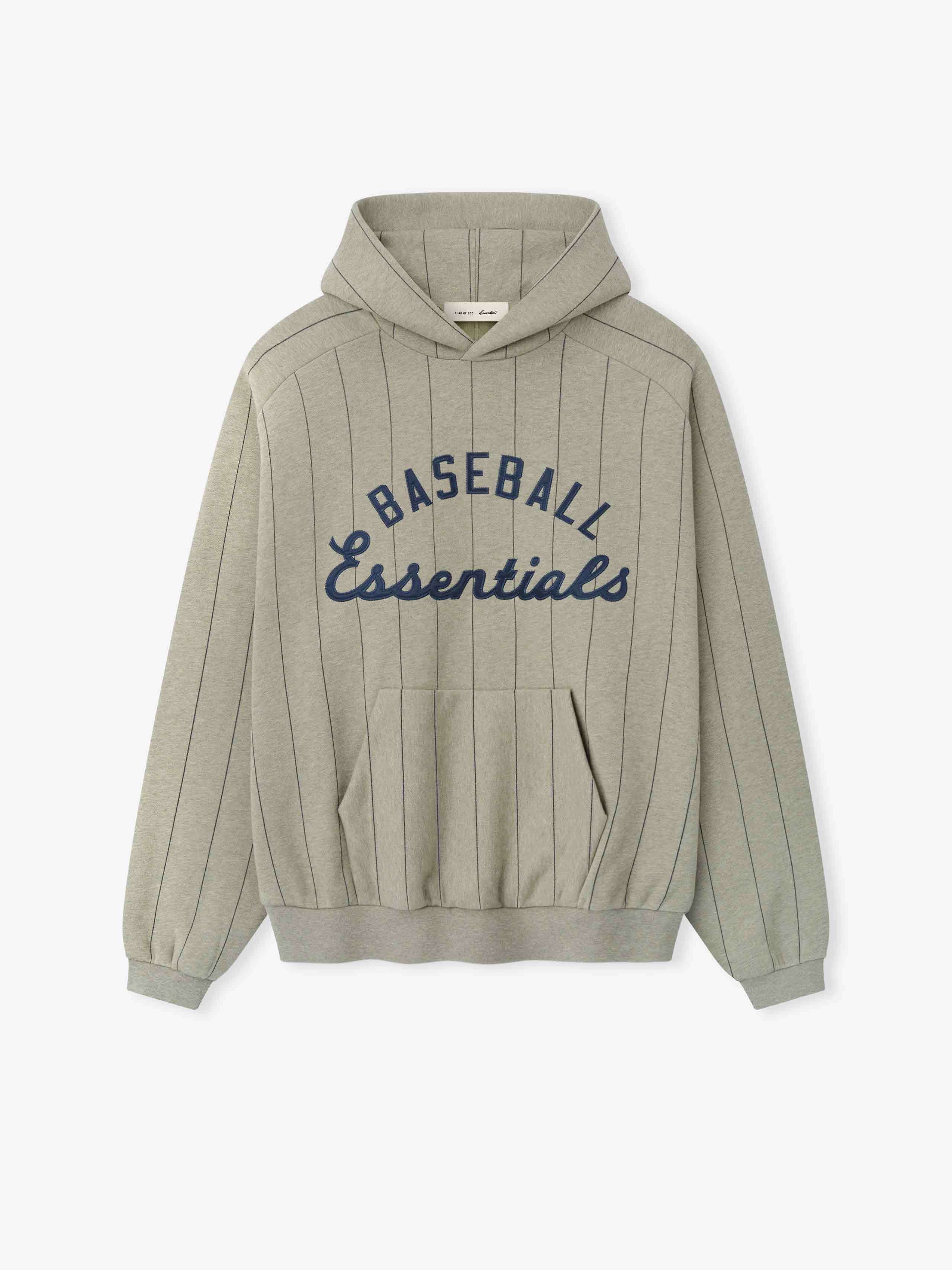 MLB Raglan Sport Hoodie in a muted gray heather tone with thin vertical pinstripes, featuring navy "Baseball Essentials" text embroidered across the chest on soft outerwear fabric.