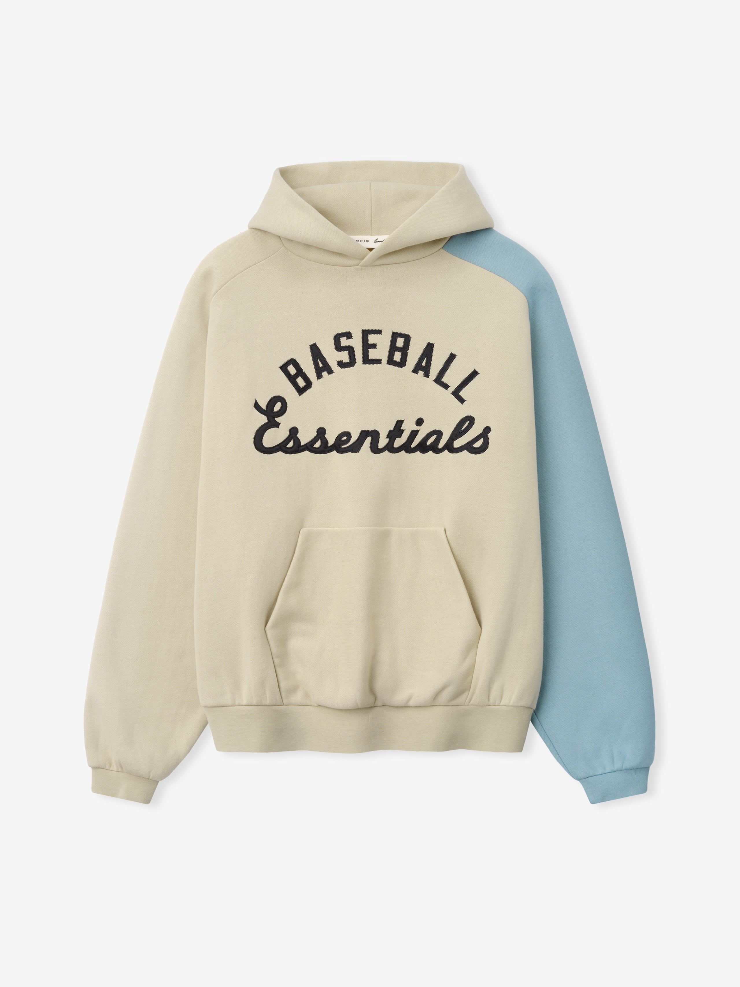 Mlb Raglan Sport Hoodie in a soft sandstone shade with one light blue sleeve, featuring bold black "Baseball Essentials" script on the front, designed as comfortable outerwear.