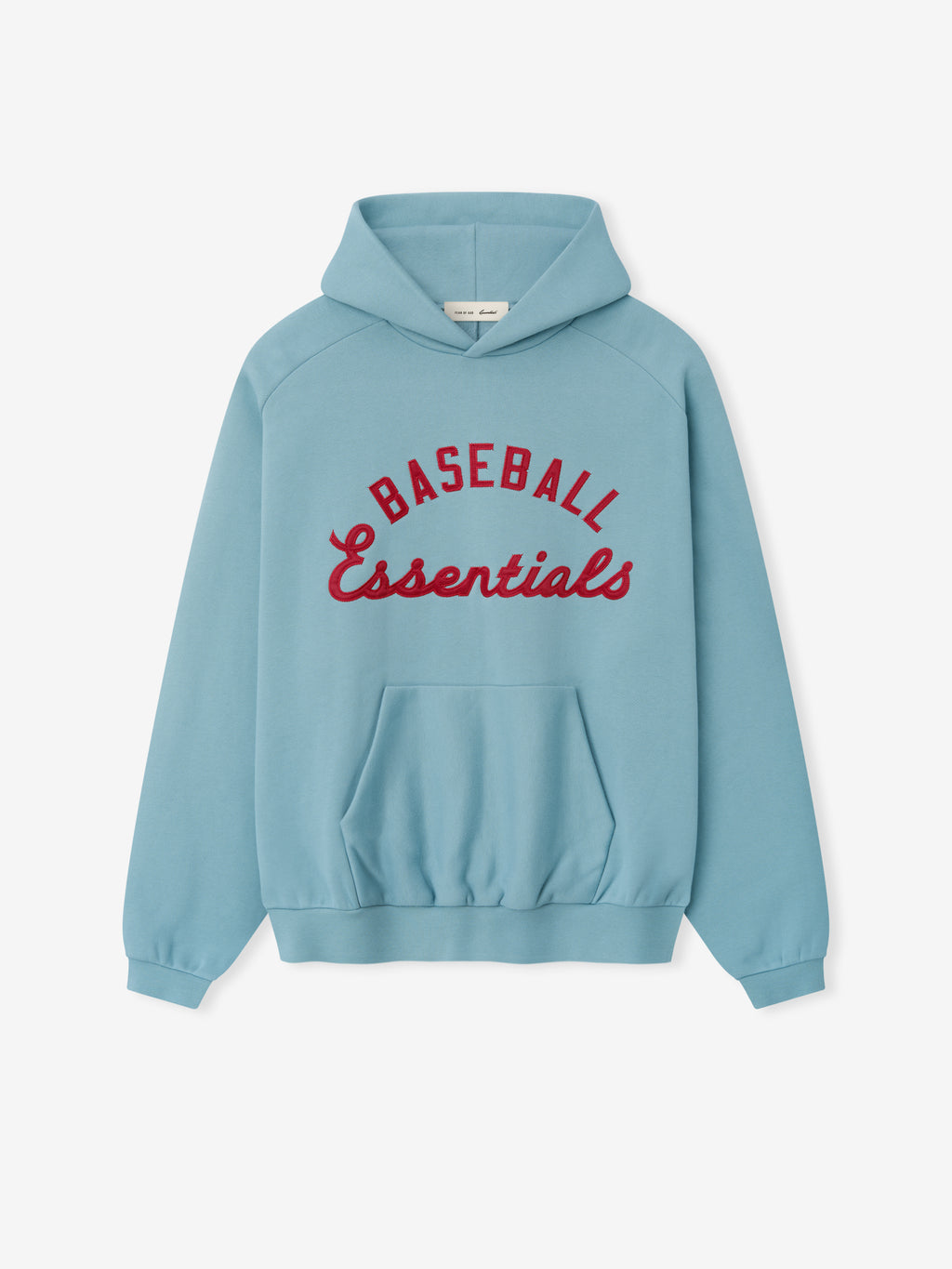 Mlb Raglan Sport Hoodie in soft blue featuring bold red "Baseball Essentials" text across the chest, designed as comfortable casual outerwear with a front kangaroo pocket.