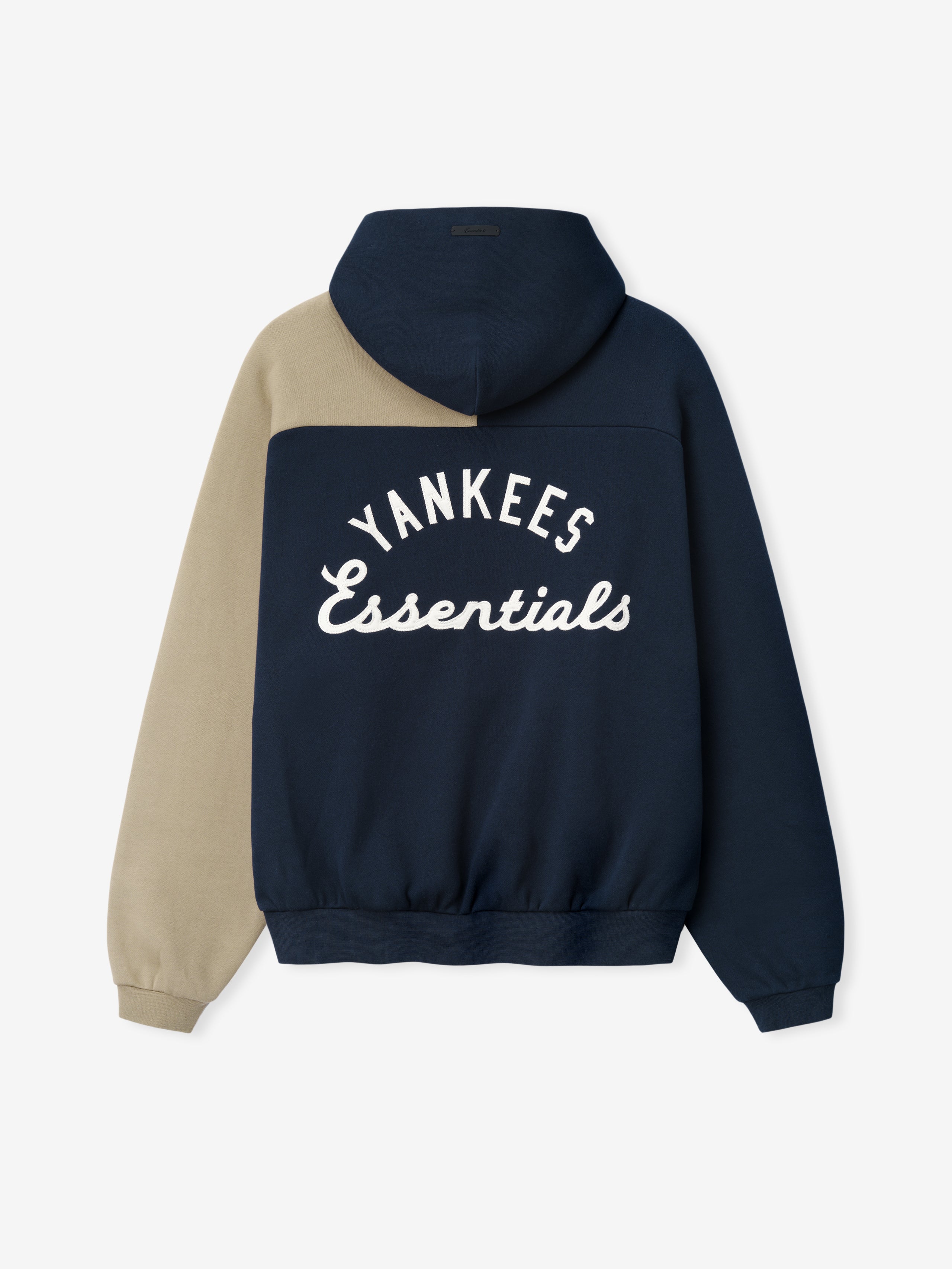 Navy and grey hoodie with 'Yankees Essentials' text on a white background