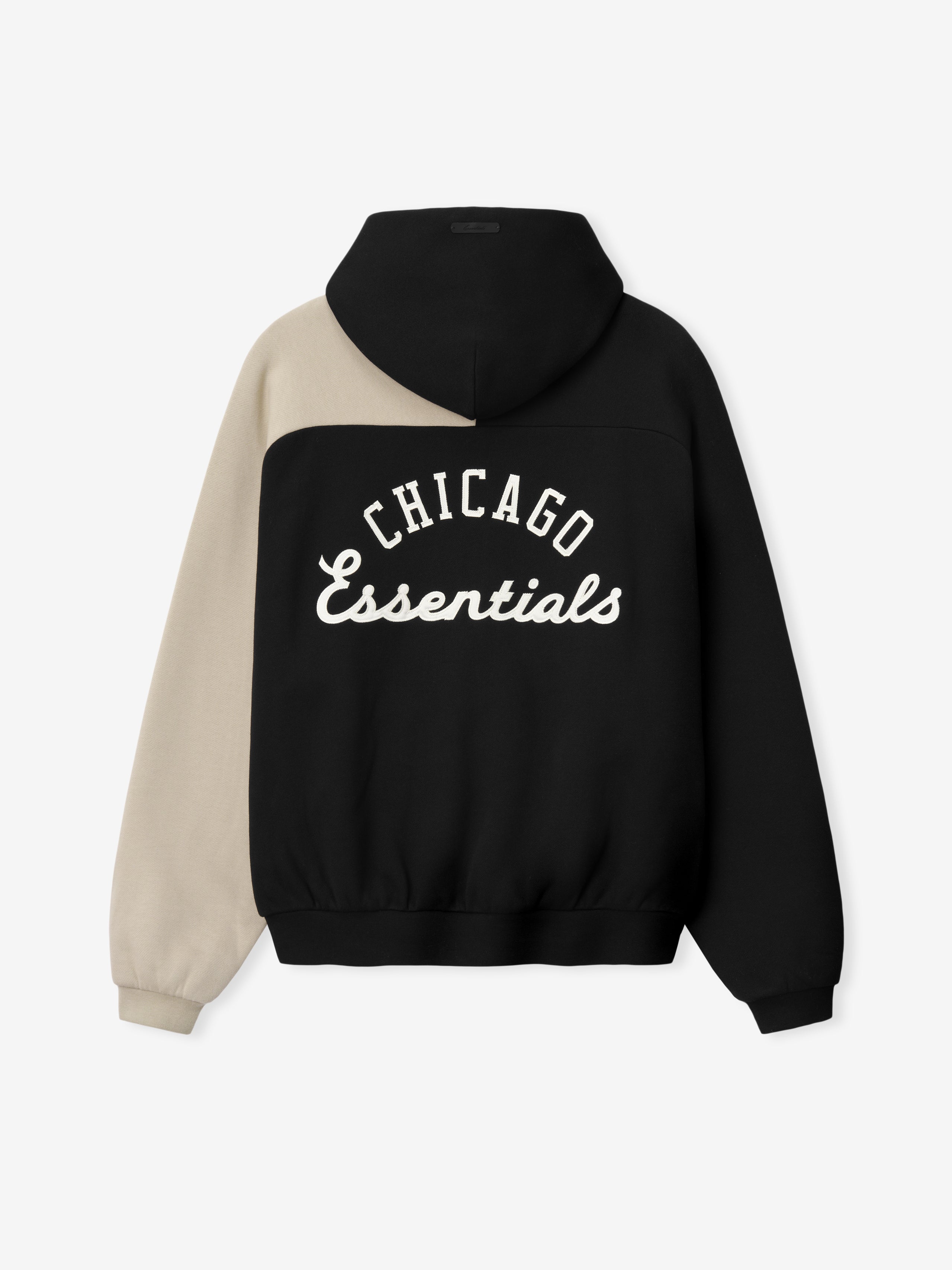 White Sox Raglan Half Zip Sport Hoodie in black with a contrasting beige sleeve and hood, featuring white "Chicago Essentials" text across the back for stylish outerwear.