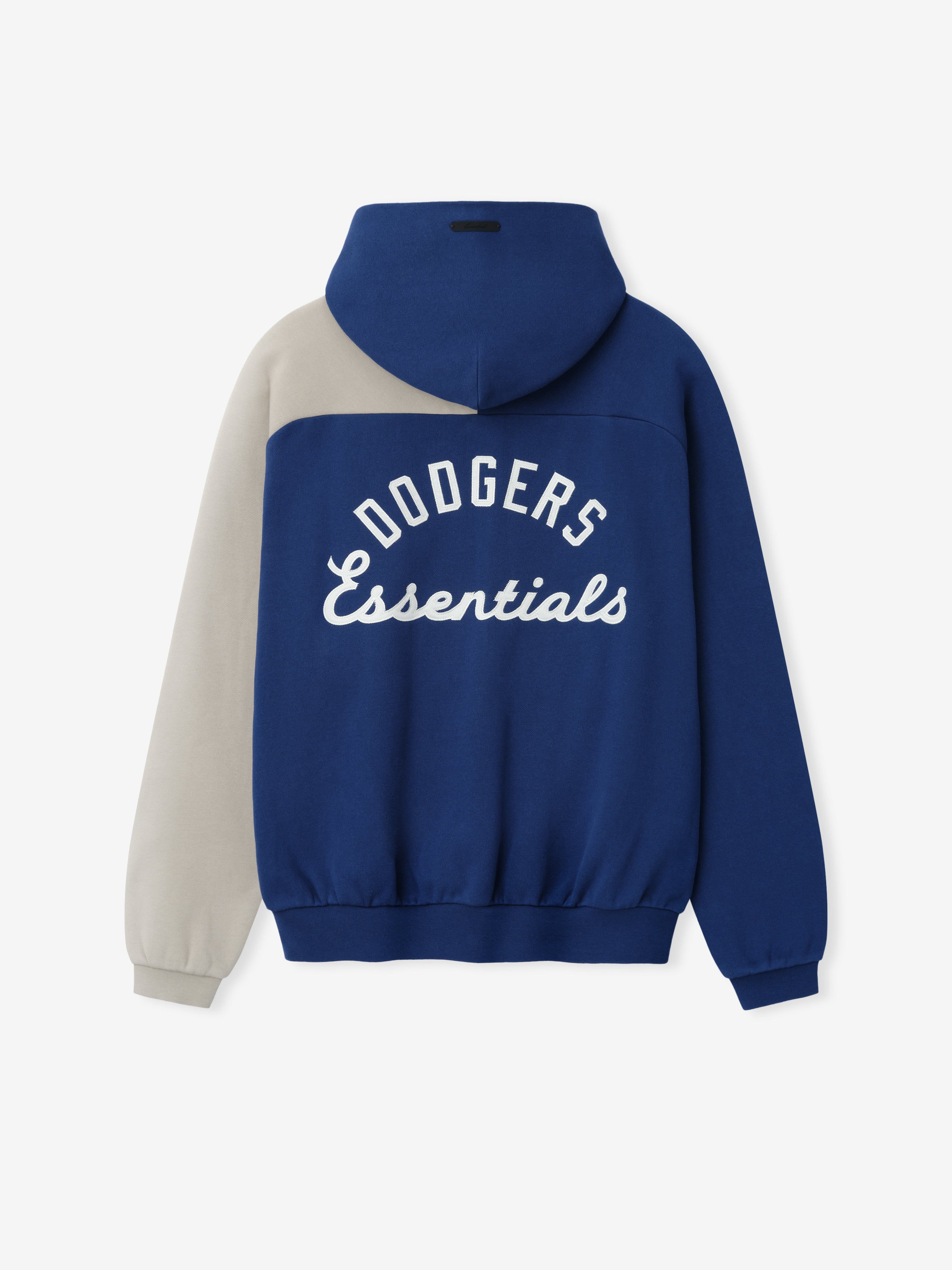 Dodgers Raglan Half Zip Sport Hoodie in estate blue and light gray with contrasting raglan sleeves, featuring white scripted "Dodgers Essentials" text on the back, designed as casual outerwear.