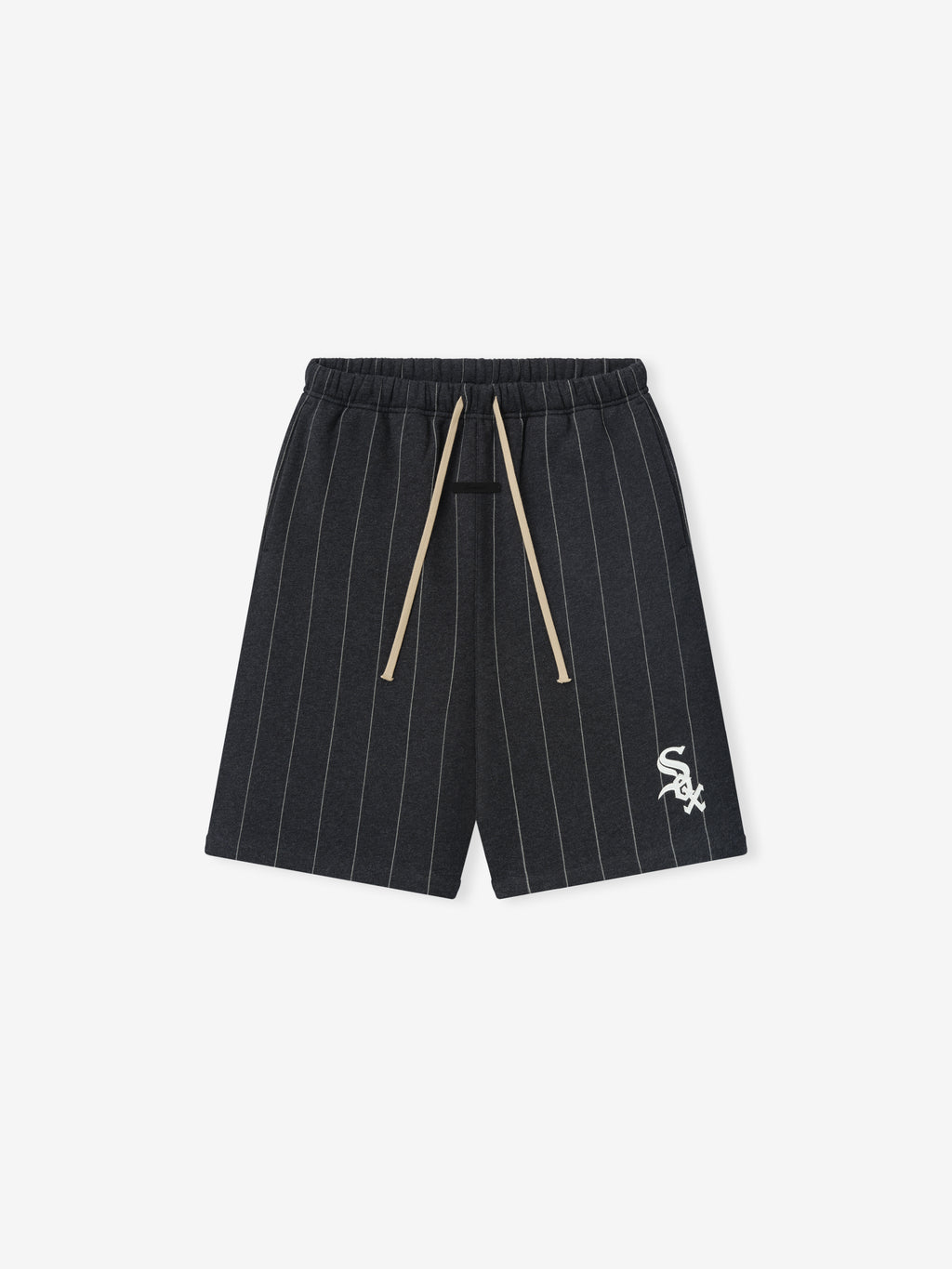 White Sox 90's Sweatshort in dark heather fabric with thin white pinstripes, featuring an elastic waistband with beige drawstrings and a white embroidered team logo, designed as casual bottoms.