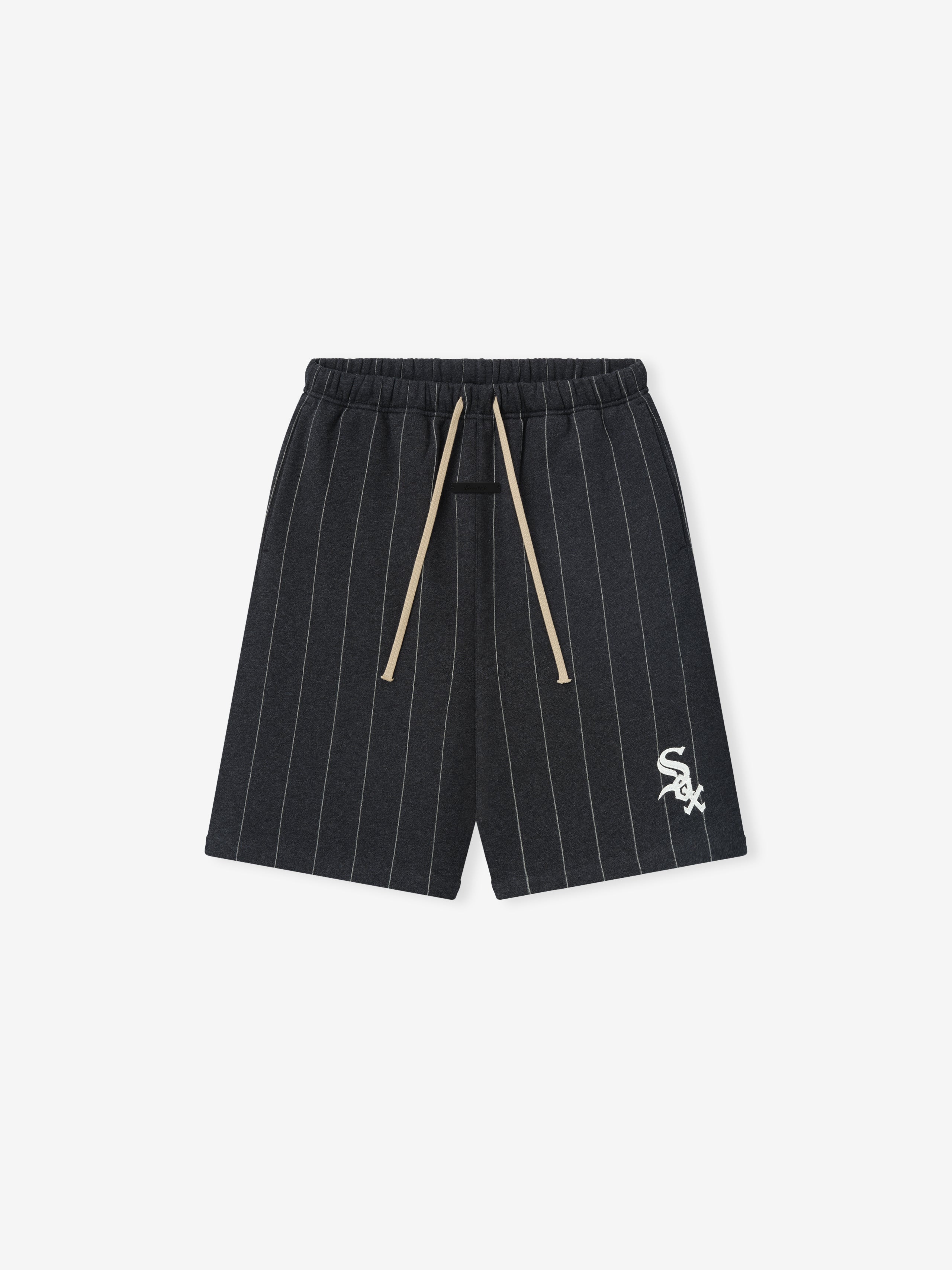 White Sox 90's Sweatshort in dark heather fabric with thin white pinstripes, featuring an elastic waistband with beige drawstrings and a white embroidered team logo, designed as casual bottoms.