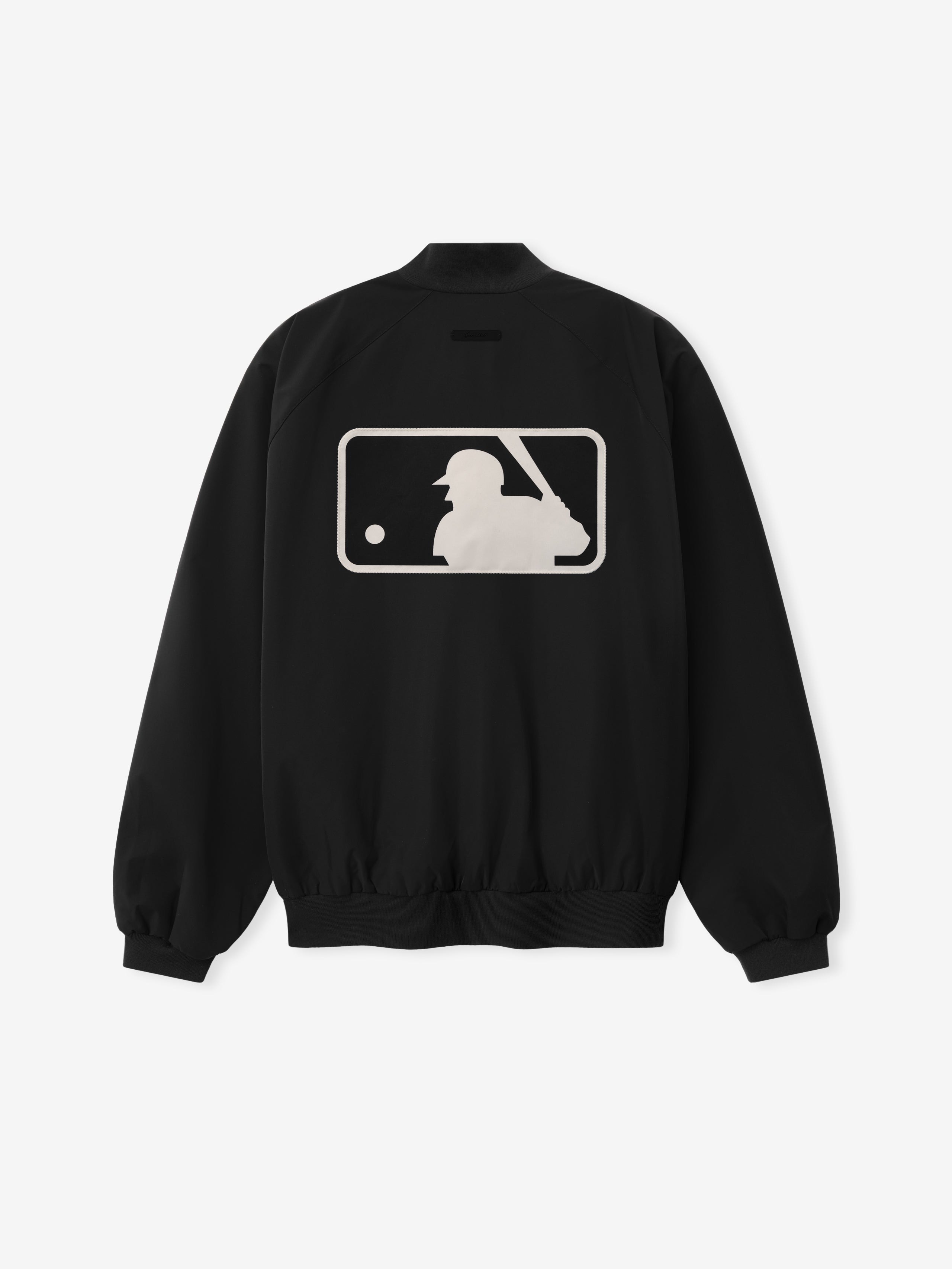 MLB Full Zip Bomber in black featuring a large contrasting silhouette of a baseball batter and ball on the back, designed as stylish and comfortable outerwear.