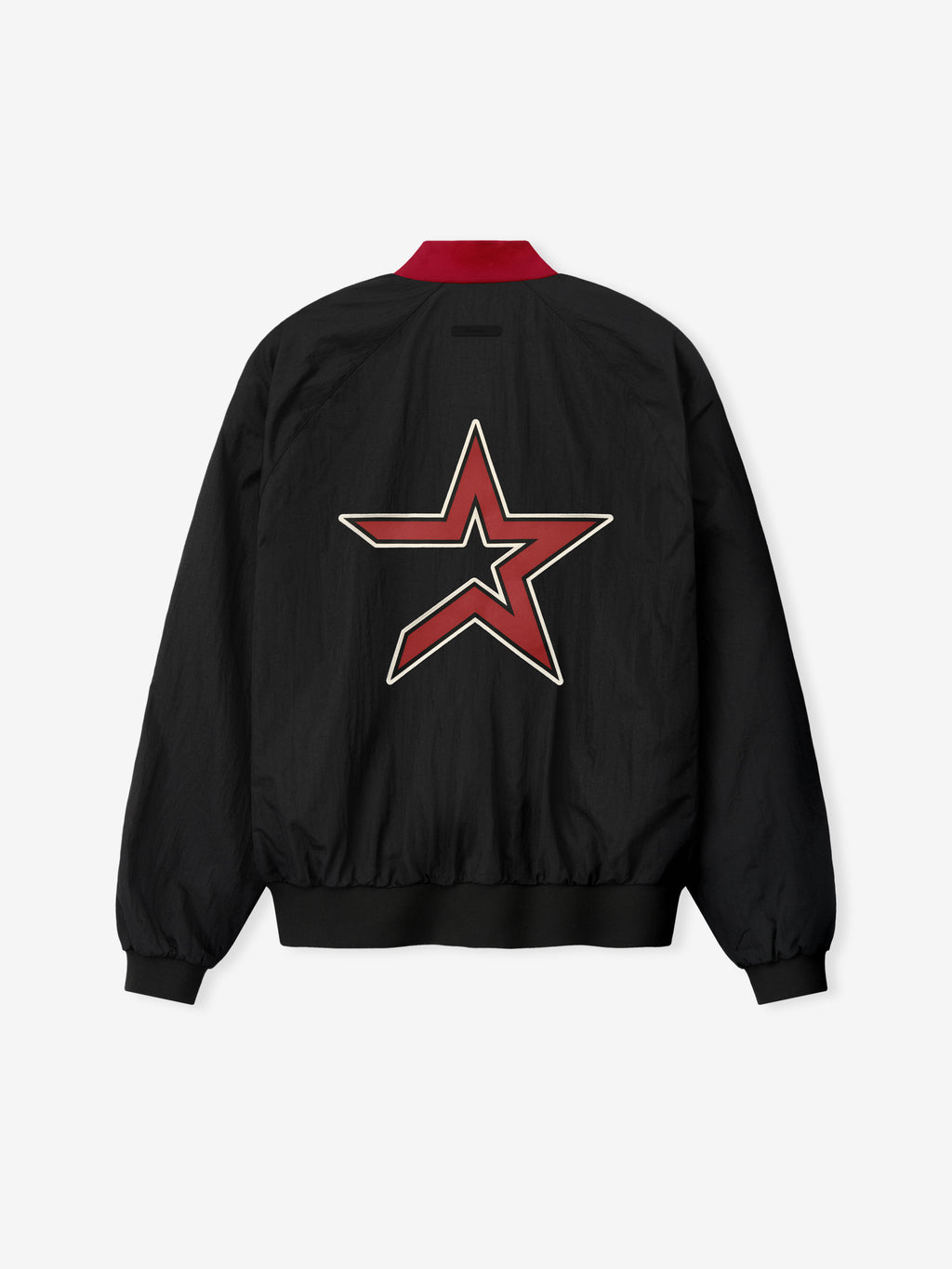 Astros Half Zip Pullover shown from the back in black with a bold red and white star graphic, featuring a red collar and black ribbed cuffs and hem.