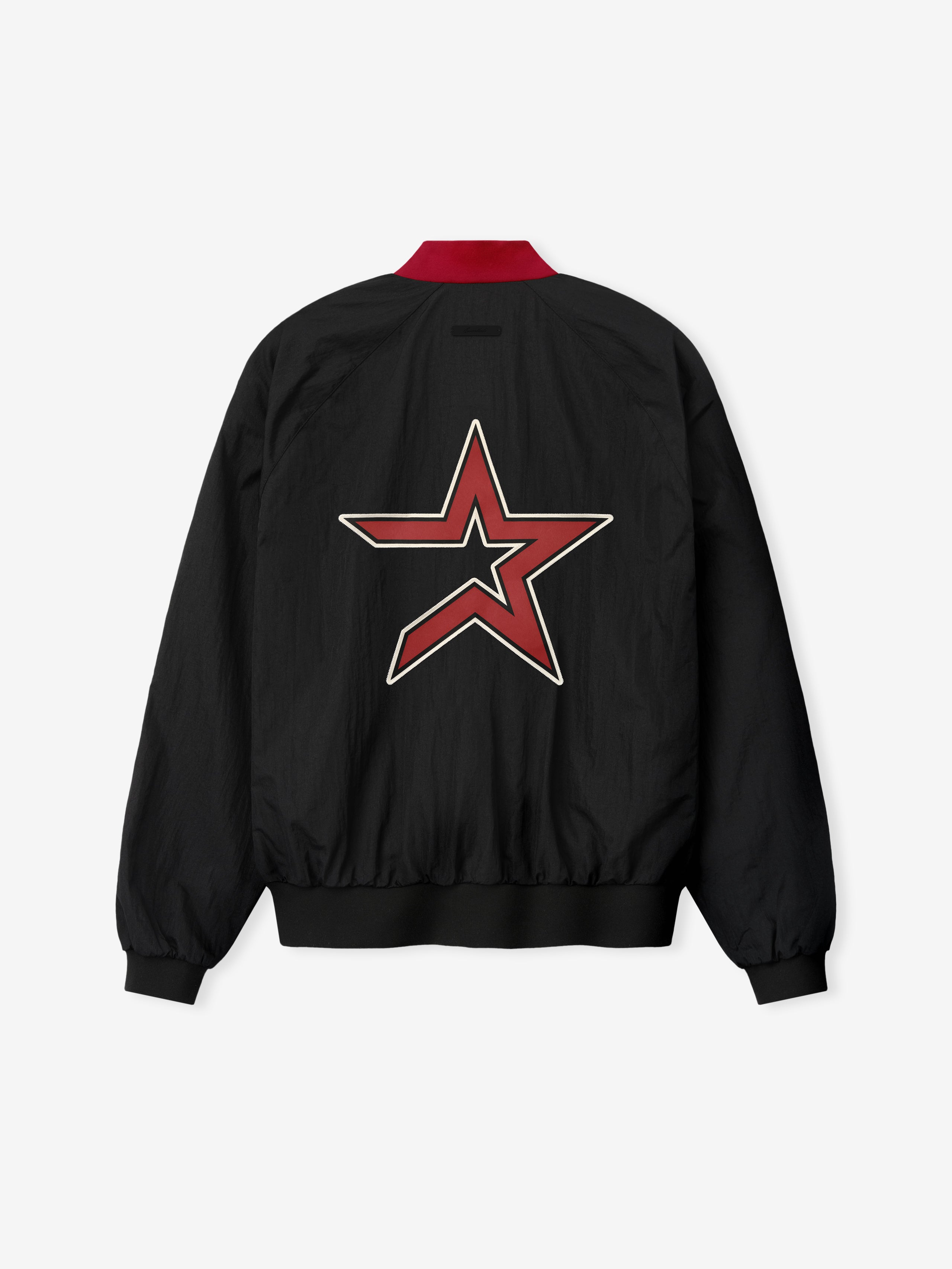 Astros Half Zip Pullover shown from the back in black with a bold red and white star graphic, featuring a red collar and black ribbed cuffs and hem.