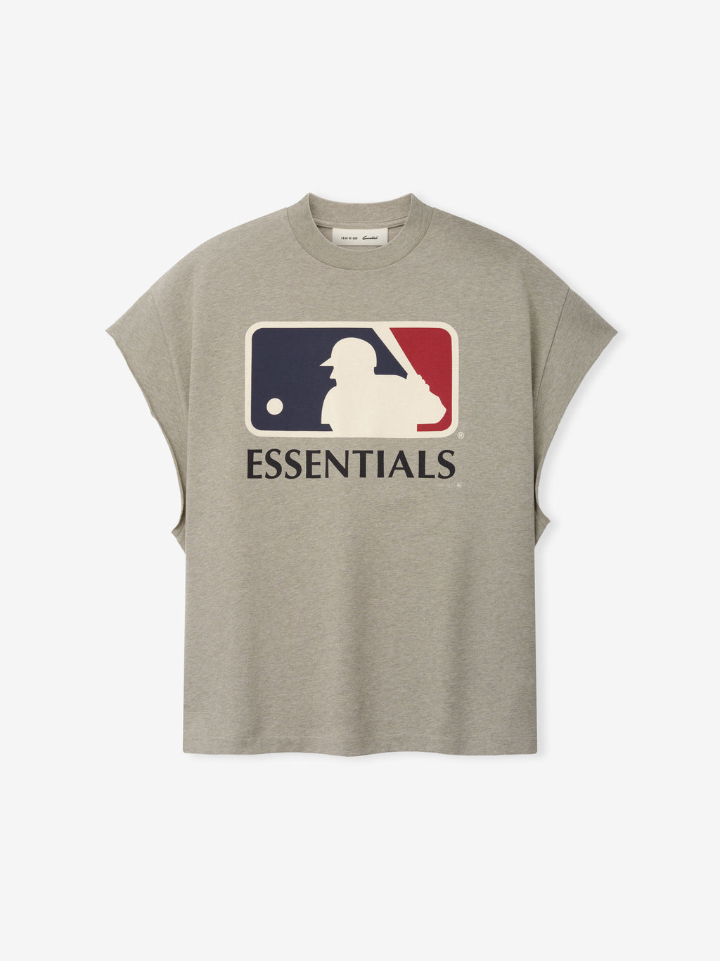 Front view of the Fear Of God X Franklin 90s Cutoff in muted beige heather, featuring a vintage baseball player logo in navy and red with "ESSENTIALS" text below on soft fabric.