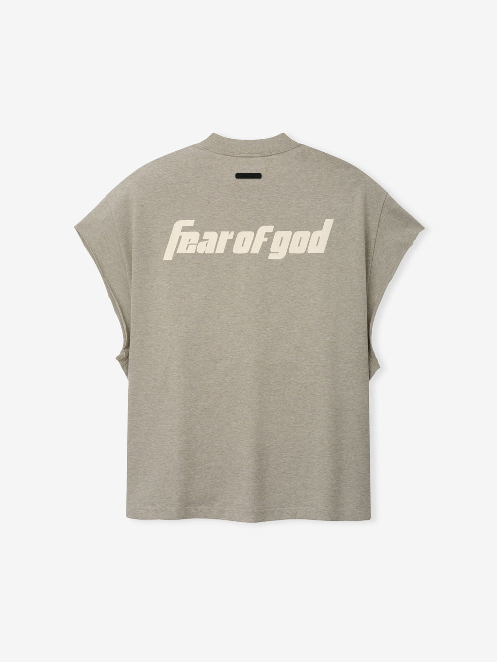 Back view of the Fear Of God X Franklin 90s Cutoff in muted beige heather, featuring bold cream "Fear of God" text across the upper back on soft fabric with capped sleeves.