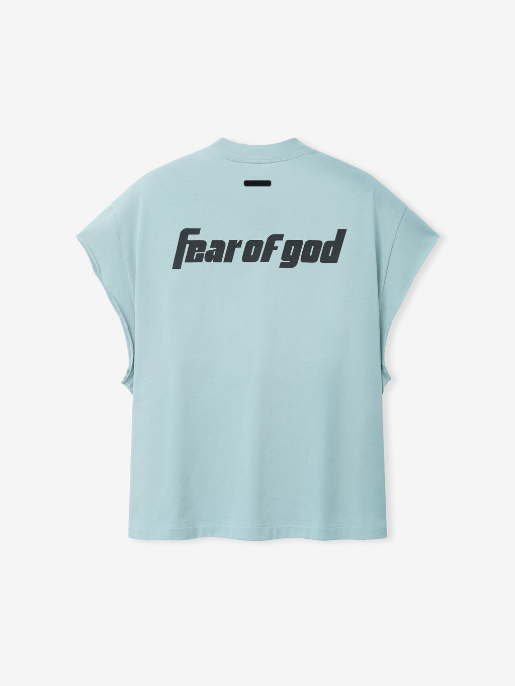 Back view of Fear Of God X Franklin 90s Cutoff in soft stone blue featuring bold black "Fear of god" text on smooth fabric with wide armholes and a relaxed fit.