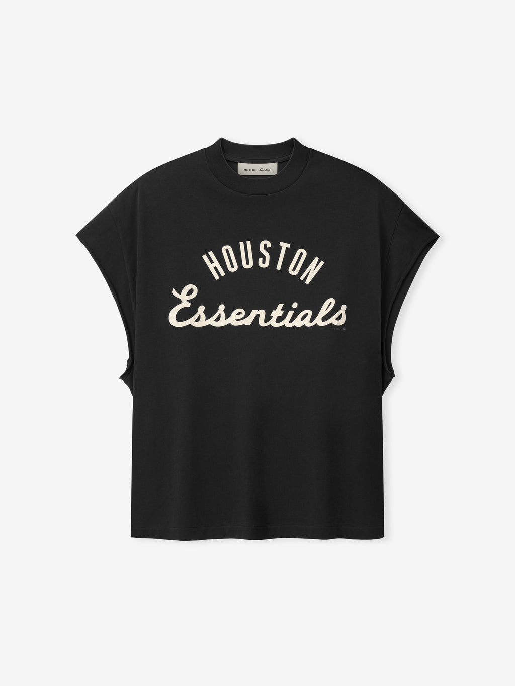 Black sleeveless top with dropped armholes featuring cream-colored "HOUSTON Essentials" text in a curved script and block font across the chest, part of the Astros 90s Cut Off collection.