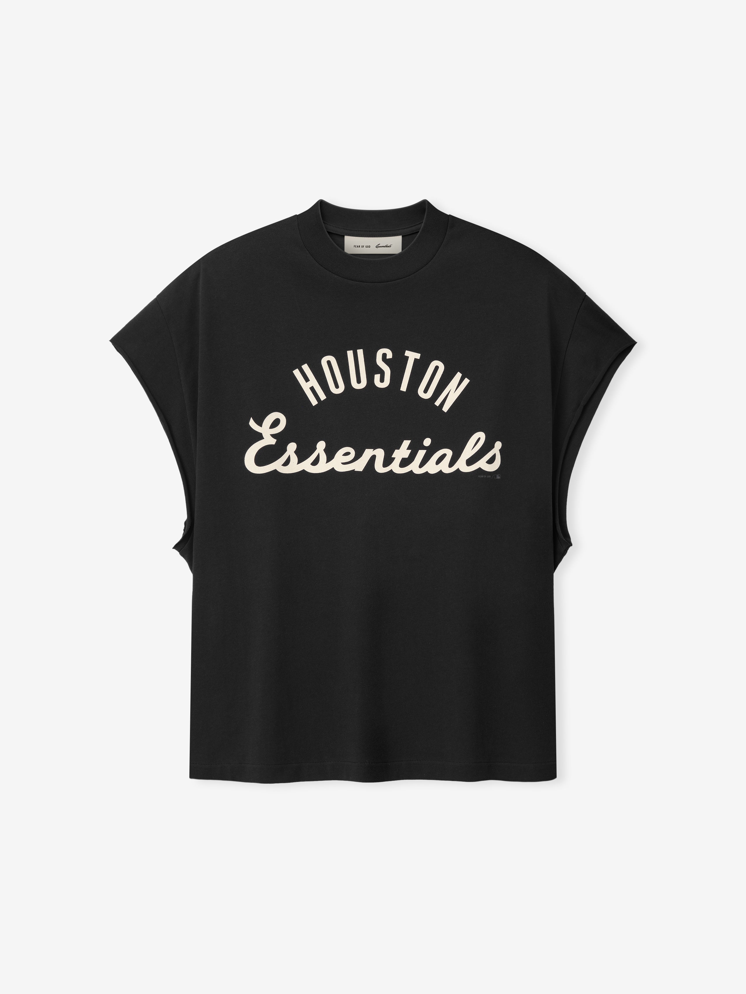 Black sleeveless top with dropped armholes featuring cream-colored "HOUSTON Essentials" text in a curved script and block font across the chest, part of the Astros 90s Cut Off collection.