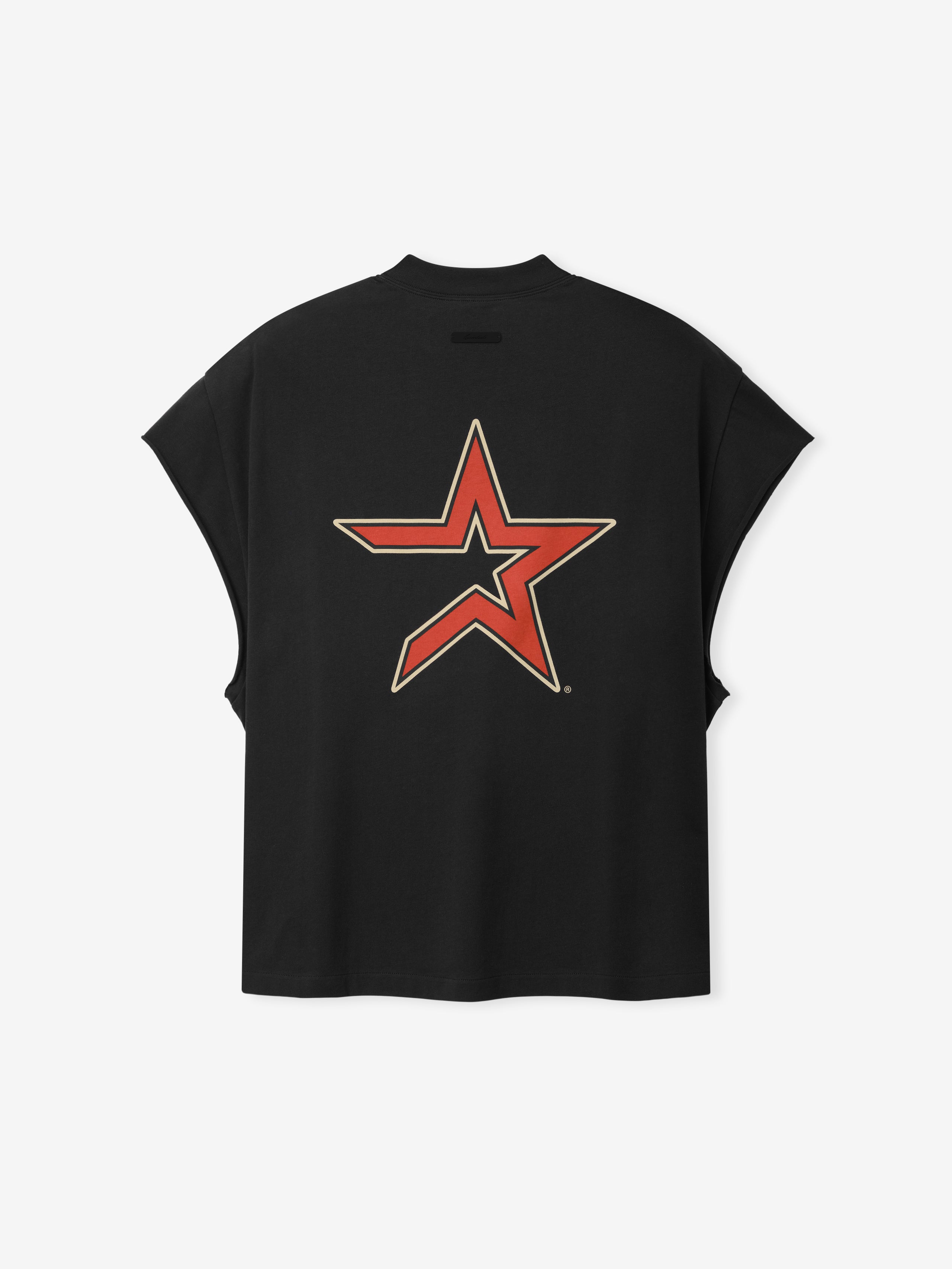 Black sleeveless top with a relaxed fit, featuring a large red and beige star graphic centered on the back, part of the Astros 90s Cut Off collection.