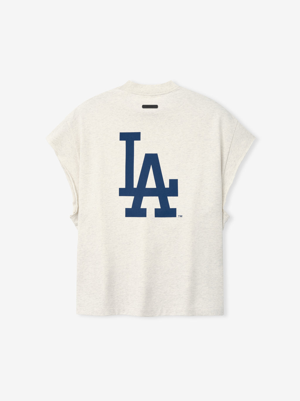 Back view of the Dodgers 90s Cut Off top in oatmeal heather featuring a bold navy blue LA logo printed on soft fabric with a relaxed fit and wide armholes.