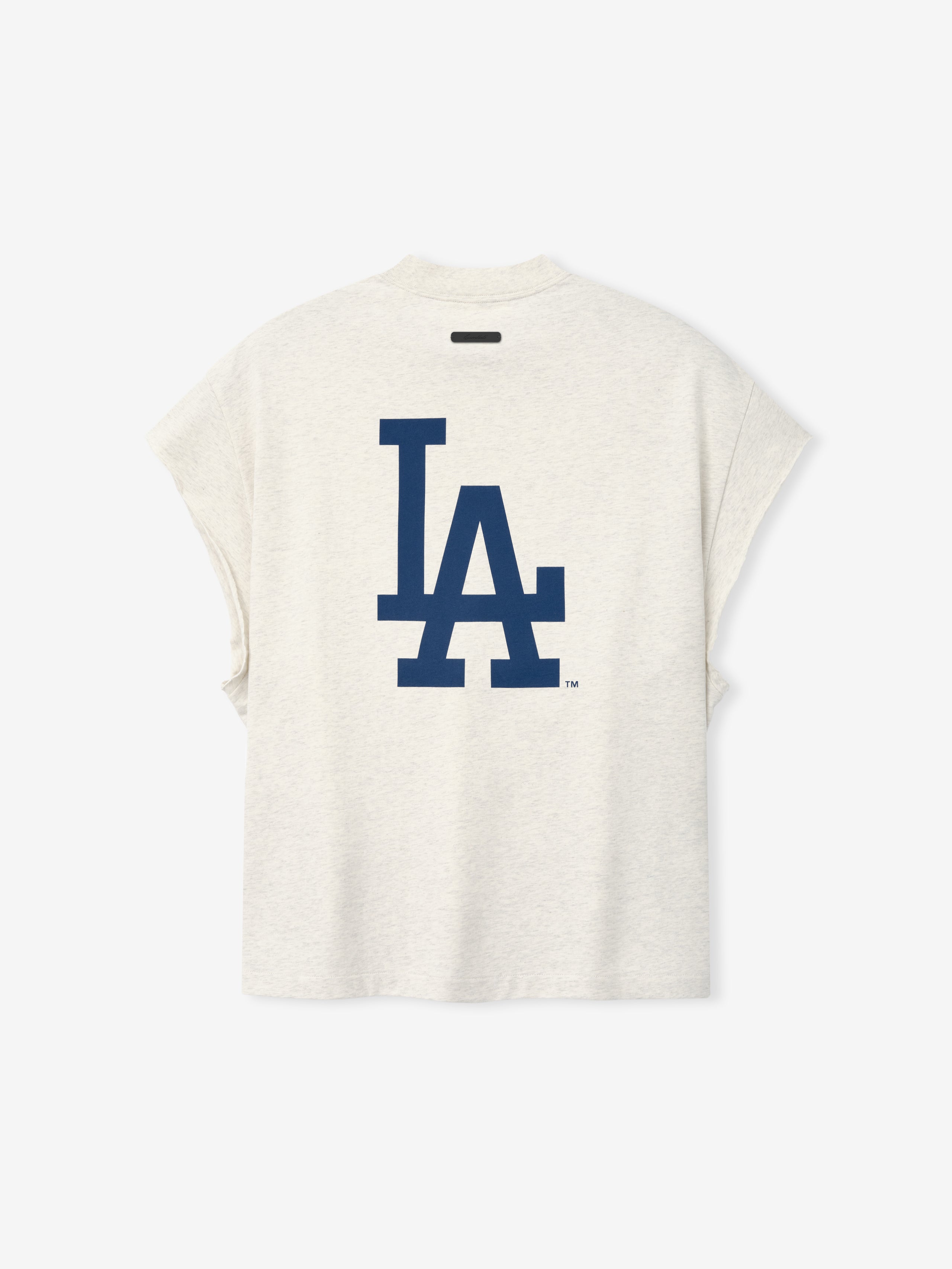 Back view of the Dodgers 90s Cut Off top in oatmeal heather featuring a bold navy blue LA logo printed on soft fabric with a relaxed fit and wide armholes.
