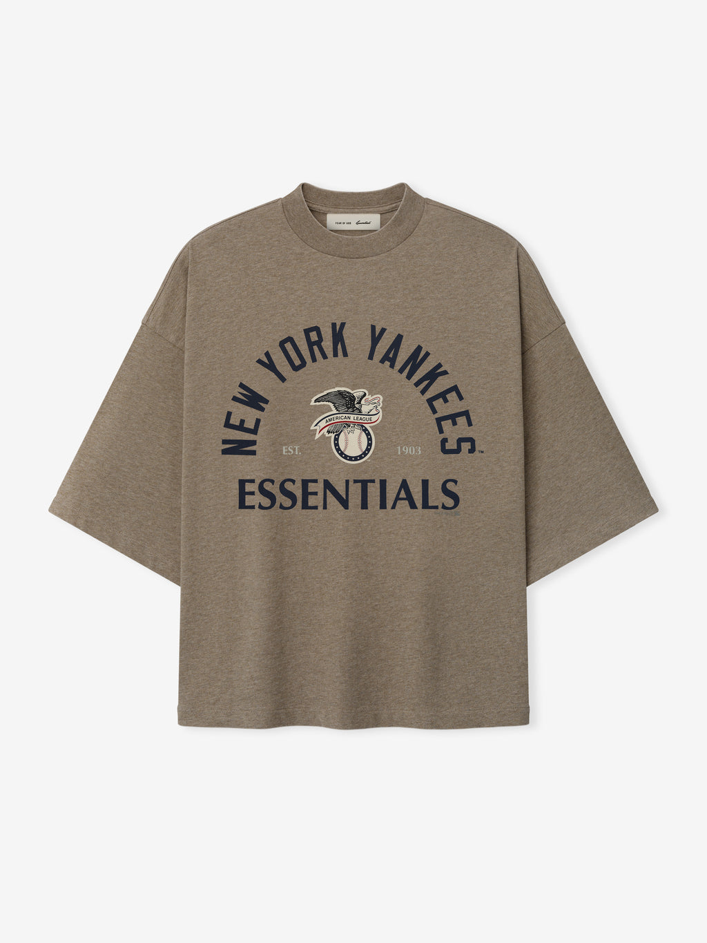 Yankees AL Merch Tee in a relaxed fit with muted brown fabric featuring navy "New York Yankees Essentials" text and classic eagle graphic for a vintage-inspired casual top.