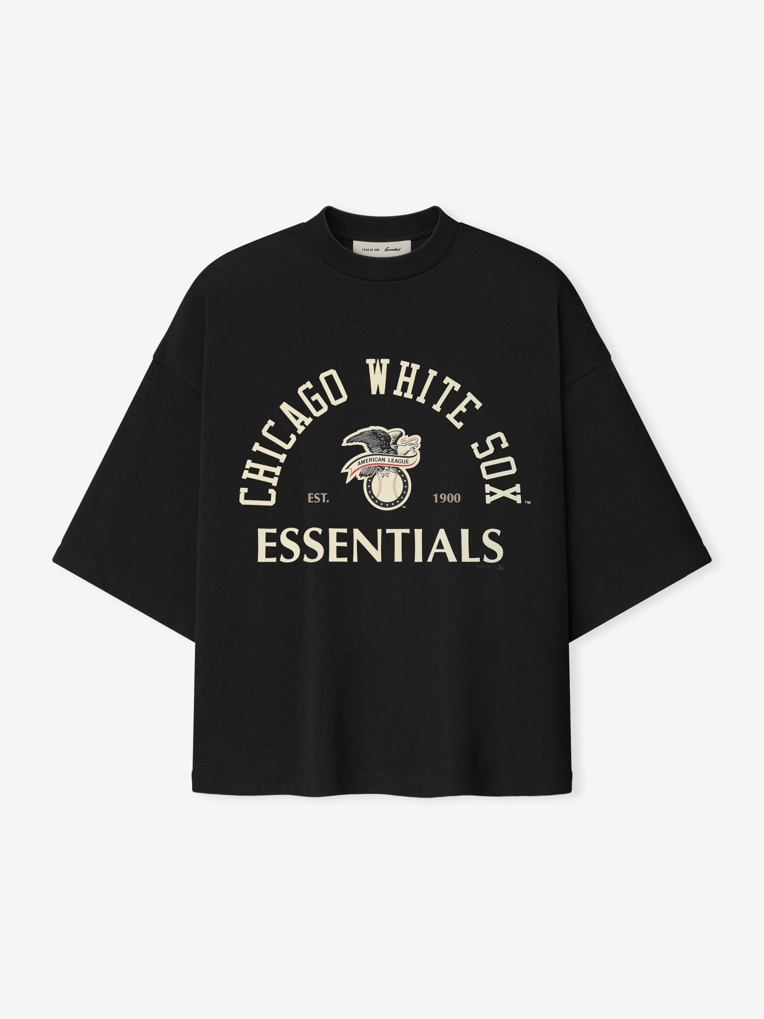 Black oversized short-sleeve top with crew neck featuring a vintage Chicago White Sox graphic and "ESSENTIALS" text, styled in a relaxed fit White Sox AL Merch Tee.