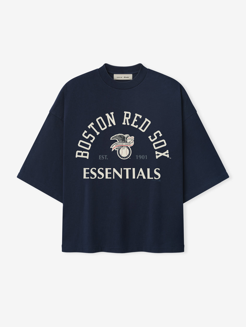 Red Sox AL Merch Tee in a dark sapphire hue featuring a relaxed fit with dropped shoulders and front graphic text "Boston Red Sox Essentials" with a vintage-style logo.