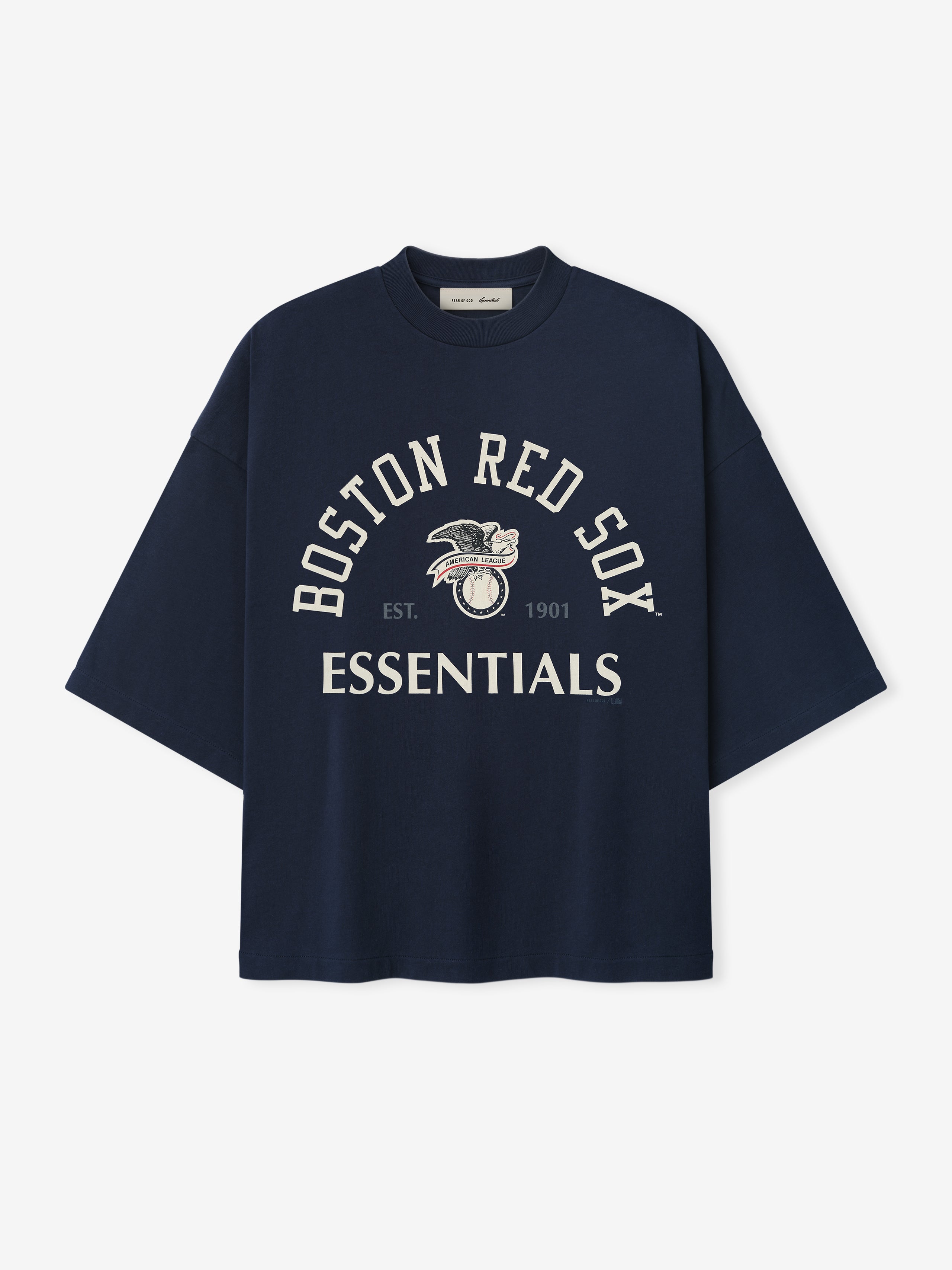 Red Sox AL Merch Tee in a dark sapphire hue featuring a relaxed fit with dropped shoulders and front graphic text "Boston Red Sox Essentials" with a vintage-style logo.