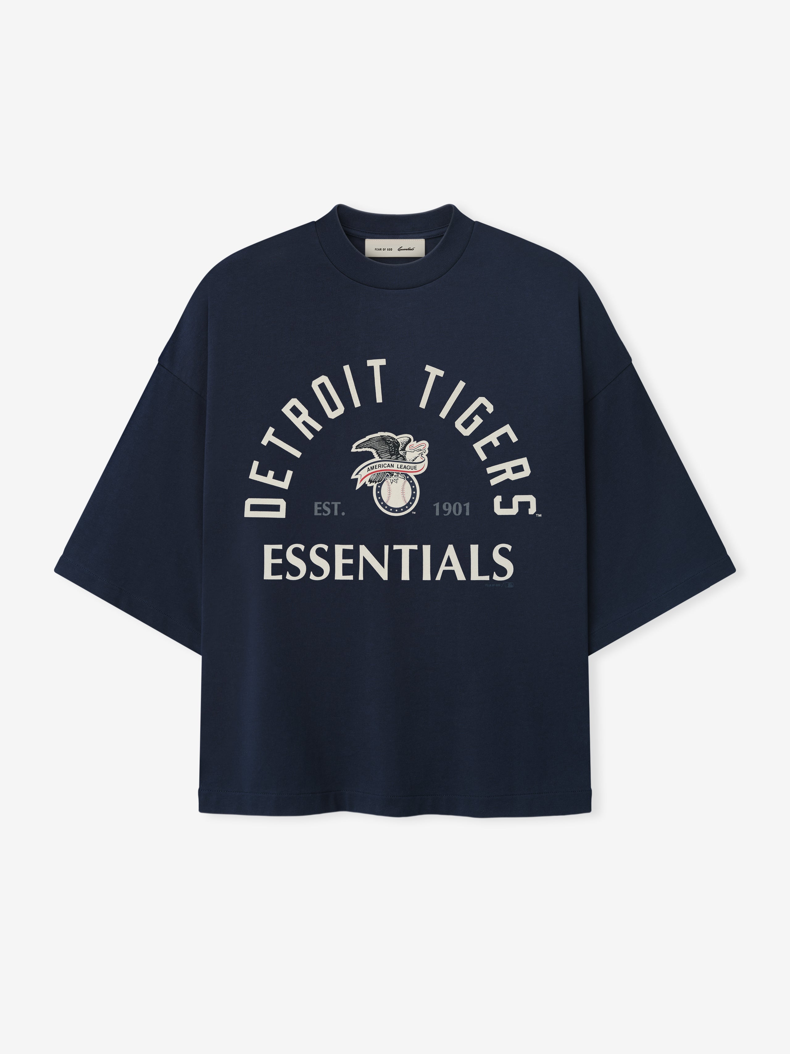 Tigers AL Merch Tee in dark navy featuring a boxy fit with dropped shoulders, vintage-style Detroit Tigers text and emblem, and "Essentials" printed on a soft cotton top.