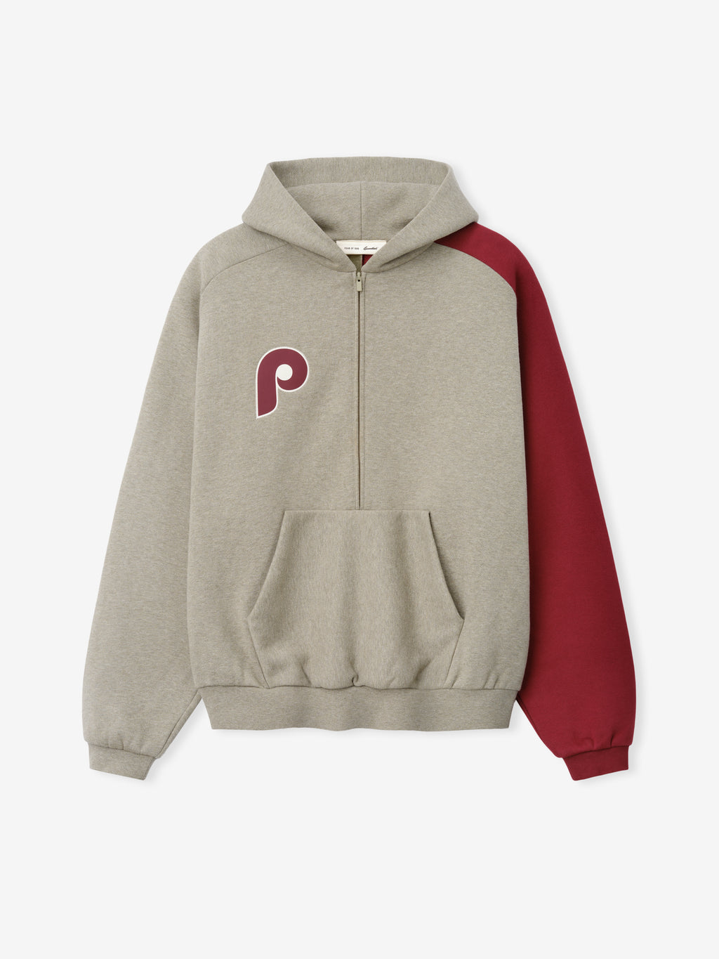 Phillies Raglan Half Zip Sport Hoodie in a muted gray fabric with a contrasting deep red sleeve, featuring a maroon Phillies "P" logo on the chest and a front kangaroo pocket.