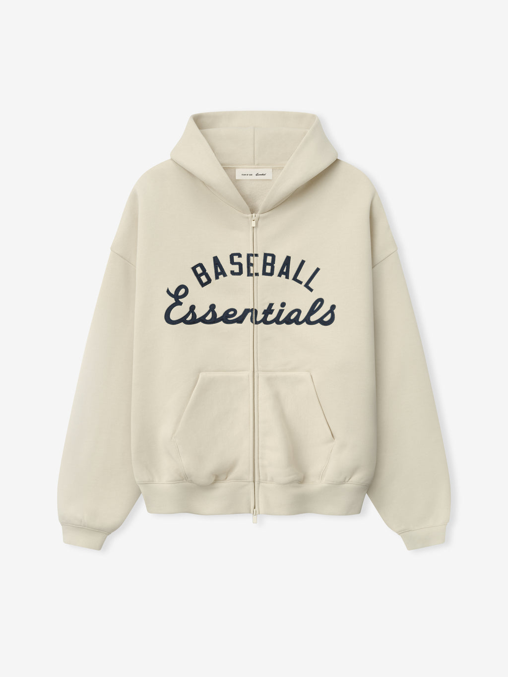 Off-white Mlb Full Zip Sport Hoodie featuring a full front zipper, kangaroo pockets, and navy "Baseball Essentials" text across the chest in a relaxed fit.