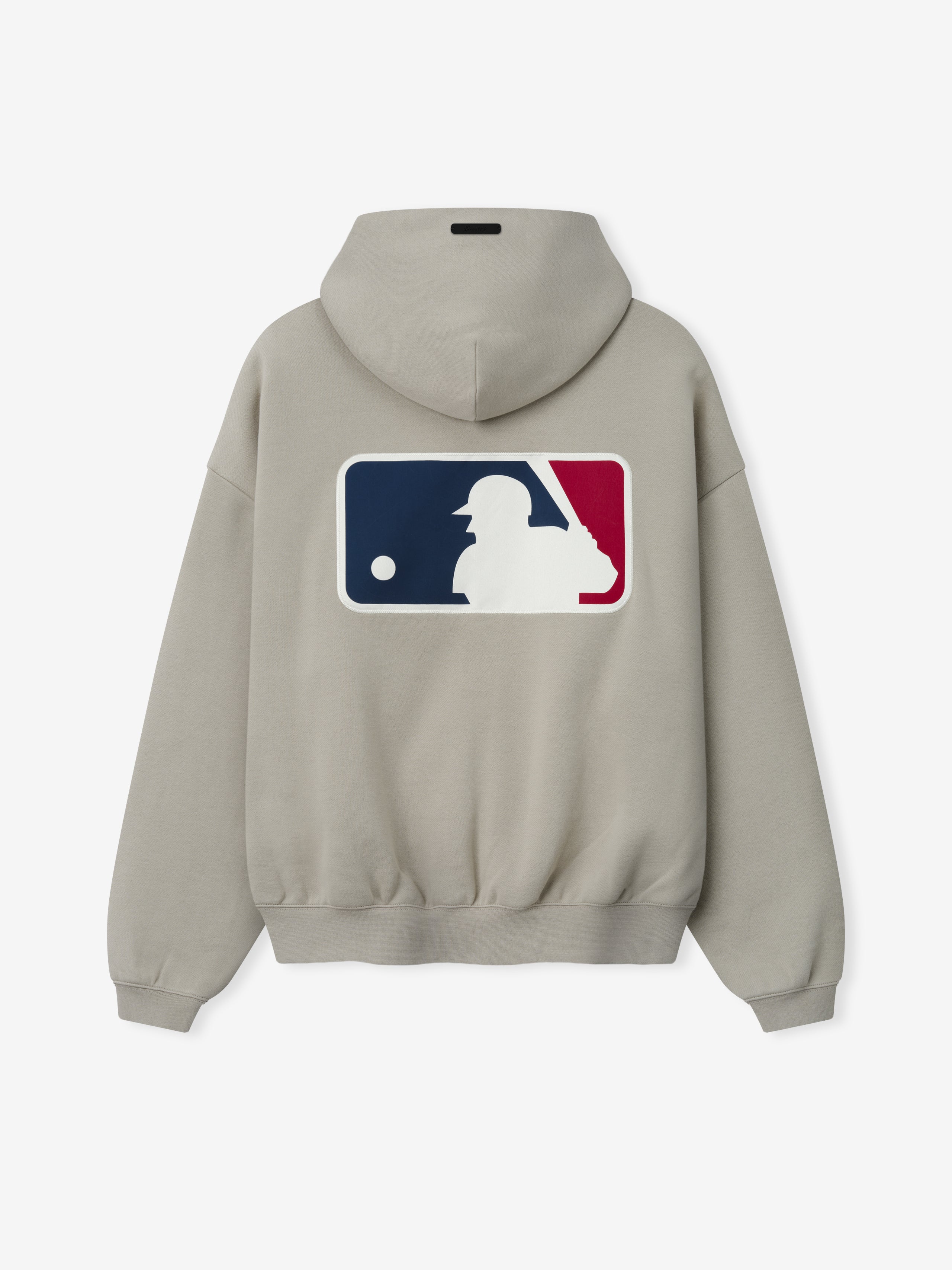 Back view of Mlb Full Zip Sport Hoodie in muted taupe featuring a large classic baseball silhouette graphic in navy, white, and red with ribbed cuffs and hem.