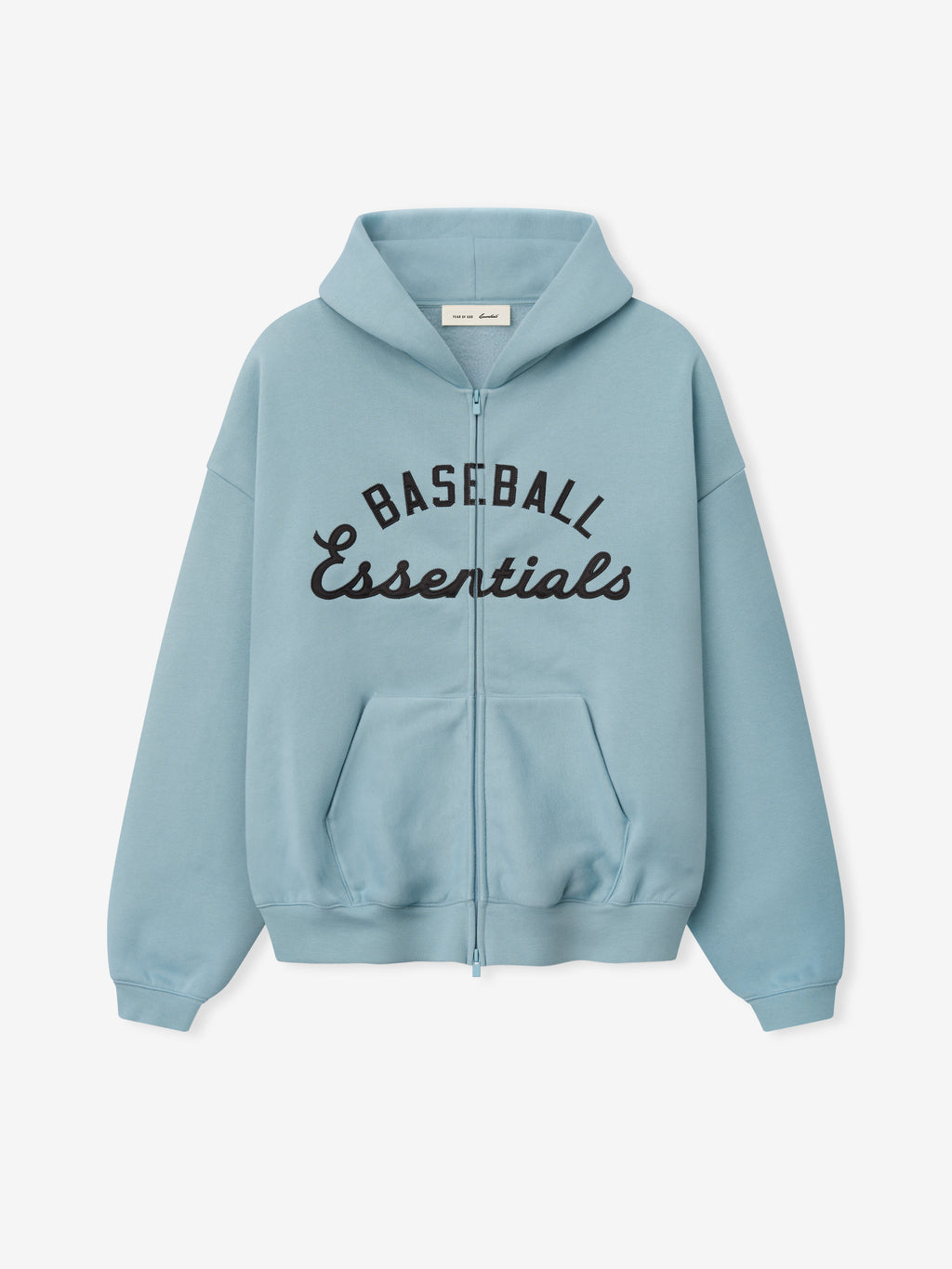 Mlb Full Zip Sport Hoodie in soft stone blue featuring a full front zipper, front kangaroo pockets, and bold black "Baseball Essentials" text across the chest in a casual fit.