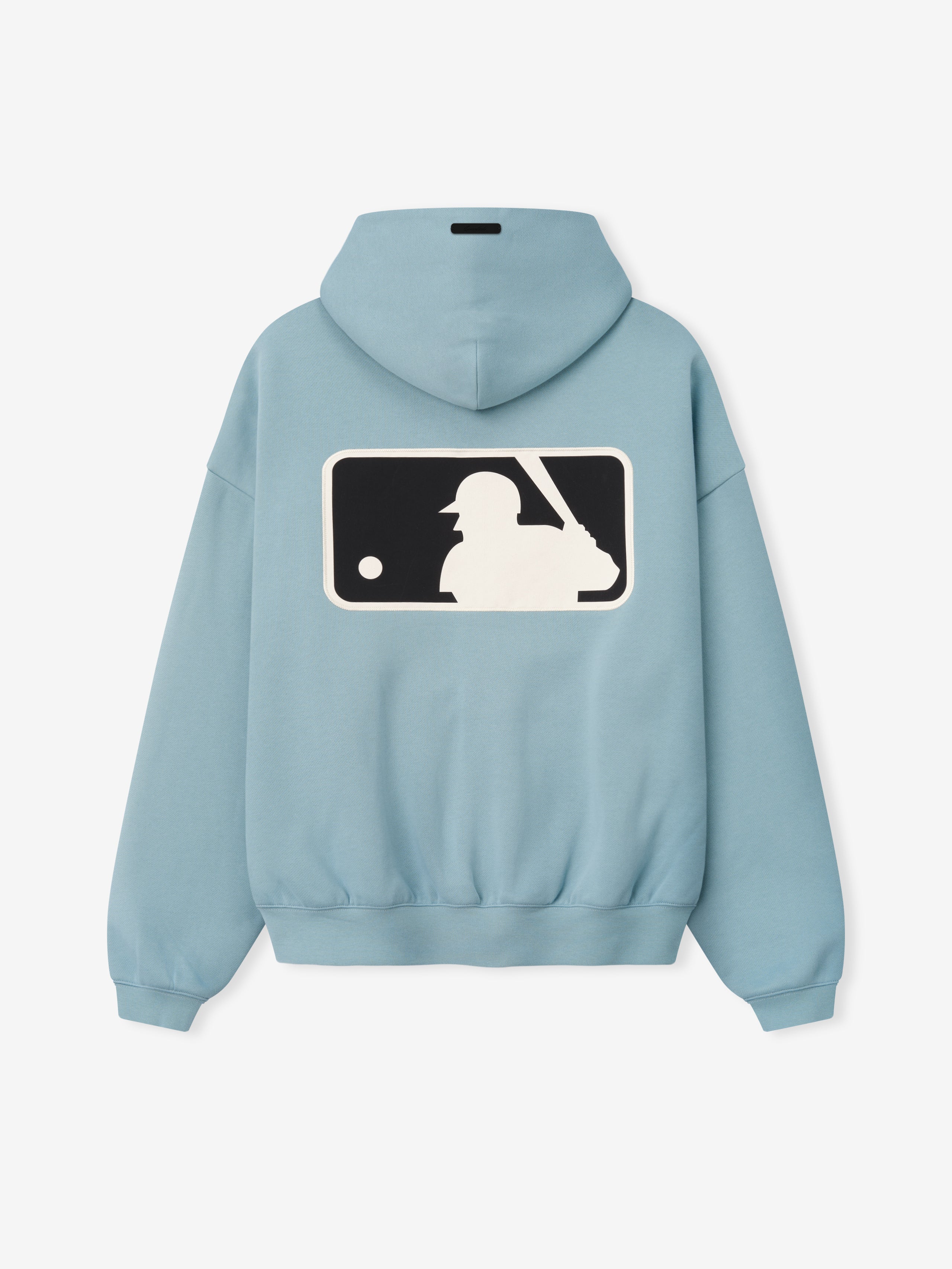 Mlb Full Zip Sport Hoodie in soft stone blue shown from the back with a large contrasting baseball batter silhouette graphic centered on the upper back in black and white.
